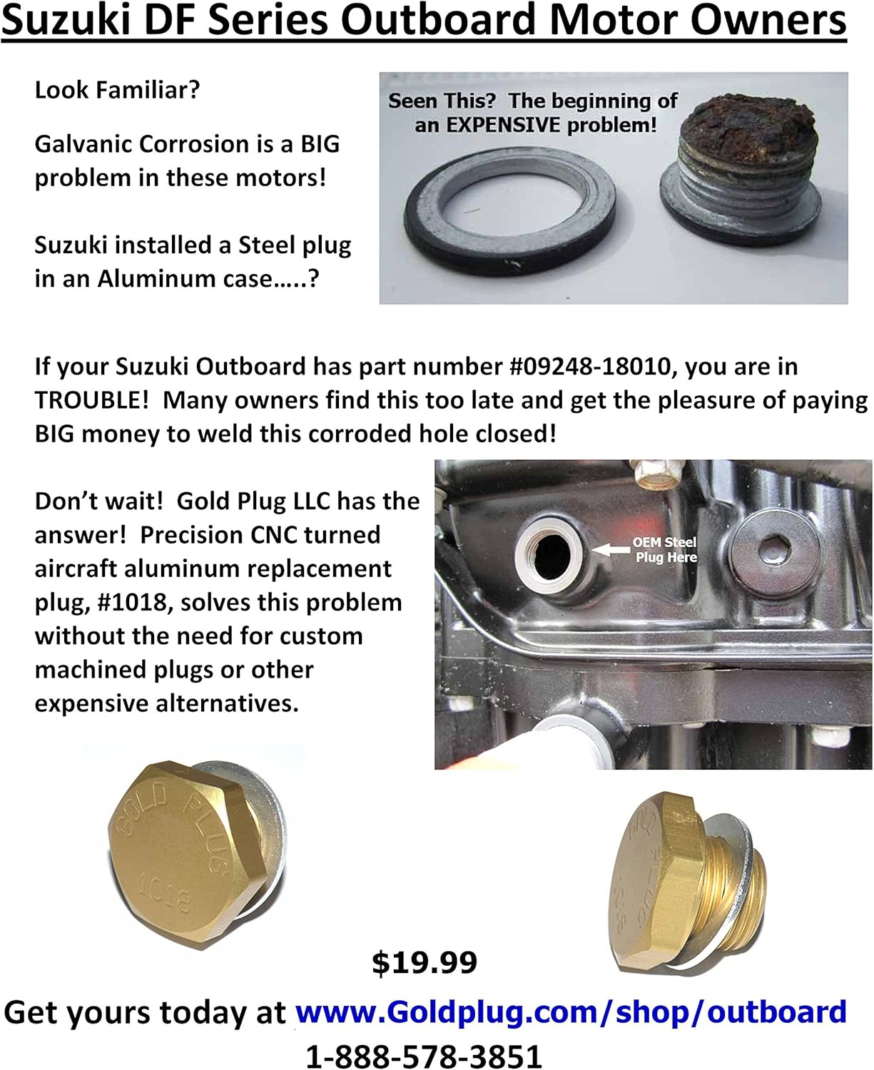 Suzuki Outboard Exhaust Plug - Aluminium Corrosion FIX - Replaces 09248-18010 image number 6