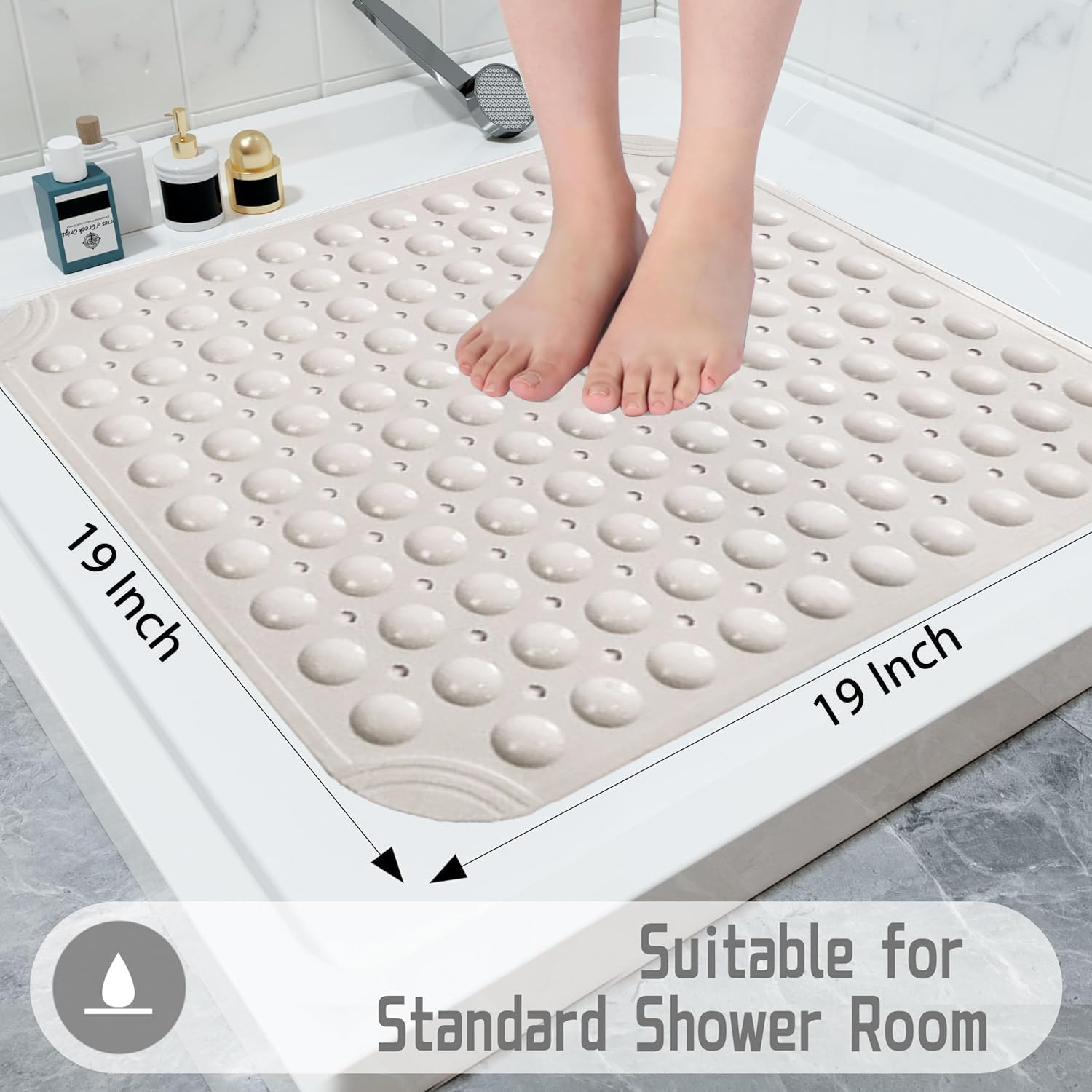 Square Non Slip Bath Mat, 48 X 48Cm, Shower Mat Non Slip anti Mould with Suction Cup, Rubber Bathroom Mat with Drain Holes, Machine Washable Bath Rugs for Shower Cubicle and Bathtub(White)