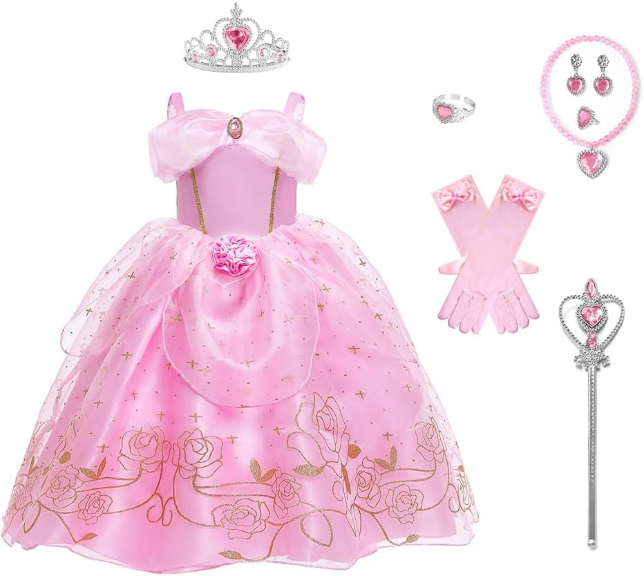 Princess Aurora Costume for Girls Birthday Party Outfit Halloween Cosplay Dress up with Accessories for 3-11 Years
