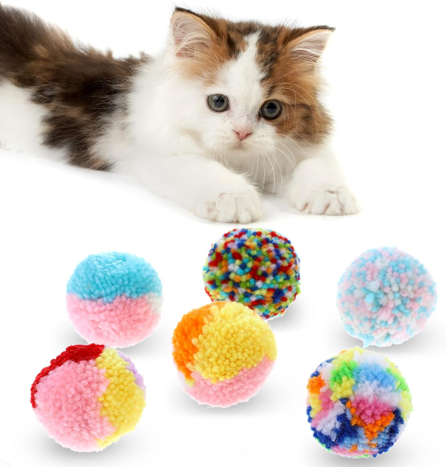 Bremorou Pack of 6 Colorful Cat Pom Pom Balls - Cat Ball Toy - Rainbow Cat Toy Balls - Christmas Cat Ball - Soft Cat Ball - Interactive Training Play Ball for Cats