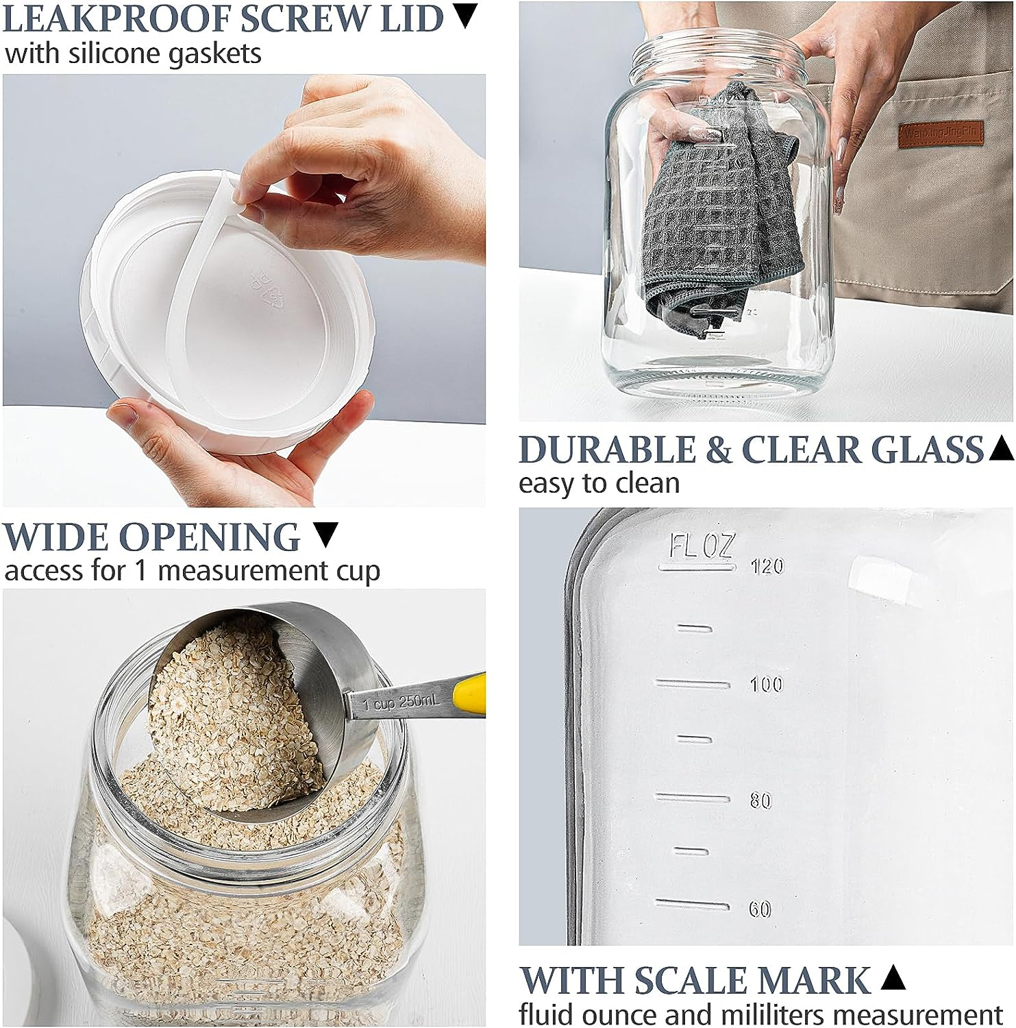 Folinstall 1 Gallon Glass Storage Jar with Lid, Large Mason Jar Wide Mouth with Airtight Lid and Silicone Gasket - Cookie Jar with 2 Scale Mark (Extra Tag and Marker Pen) image number 5