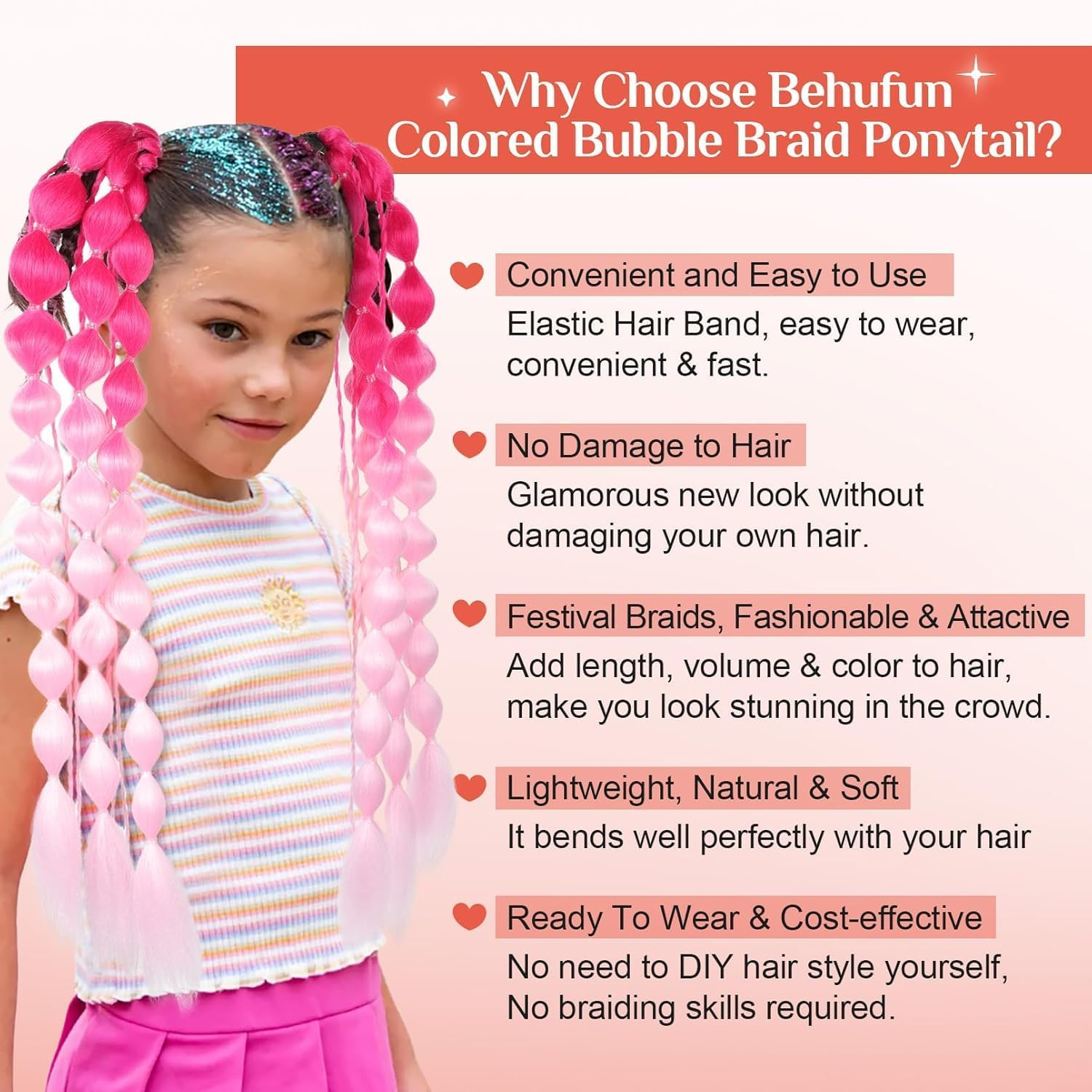 2 PACK Colorful Hair Extensions, POIUNA Upgrade 24" Long Braiding Hair Hair Extensions Braid Synthetic Fiber Hair for Women Girl Bubble Braid (Blue) (Purple) image number 4