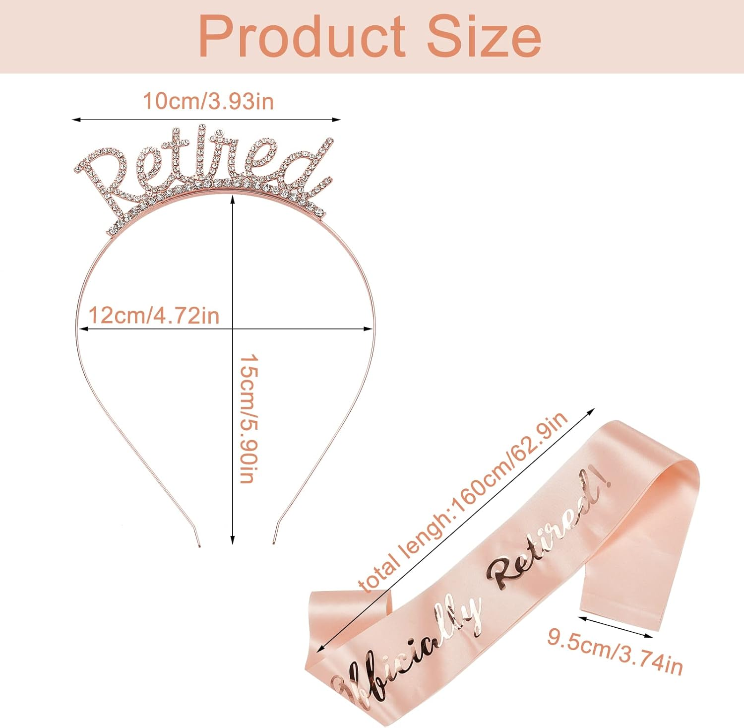 NICENEEDED Officially Retired Retirement Party Set, Rose Gold Tiara Crown & Pink Belt Wtth Gold Lettering, Retired Rhinestones Headband Sash for Women Party Supplies Gifs - Style 6 image number 2