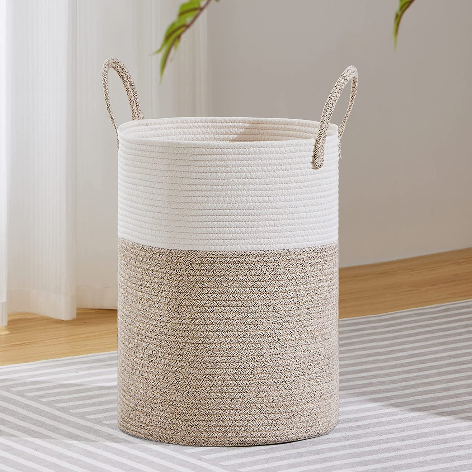 VIPOSCO Large Laundry Hamper, Tall Woven Rope Storage Basket for Blanket, Toys, Dirty Clothes in Living Room, Bathroom, Bedroom - 100L Stripe White