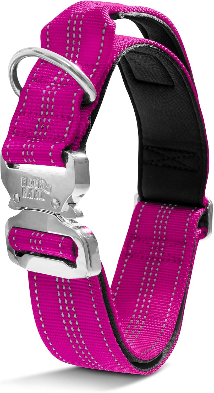 Black Rhino - Tactical Dog Collar Ultra-Soft Neoprene Padded Dog Collars for Medium, Large, XL Dogs | Heavy Duty Metal Buckle | Padded Handle for Dog Training (Large, Pink) image number 1