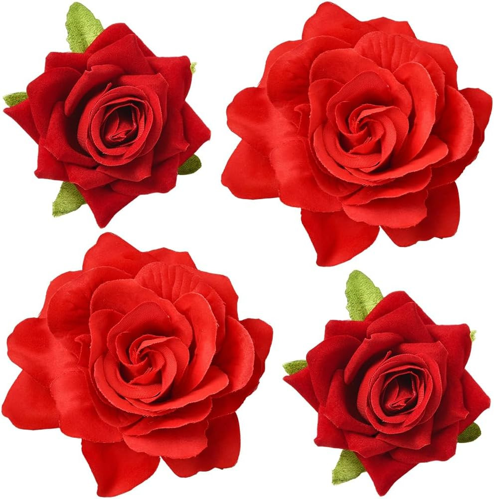 SOFPLATE Pack of 4 Red Rose Hair Clips Headdress Flowers Hair Clips Brooch 2 in 1 Fabric Flowers Hair Pins Accessories for Valentine'S Day Wedding Party Fancy Dress Accessories Women'S Hats Bags image number 6