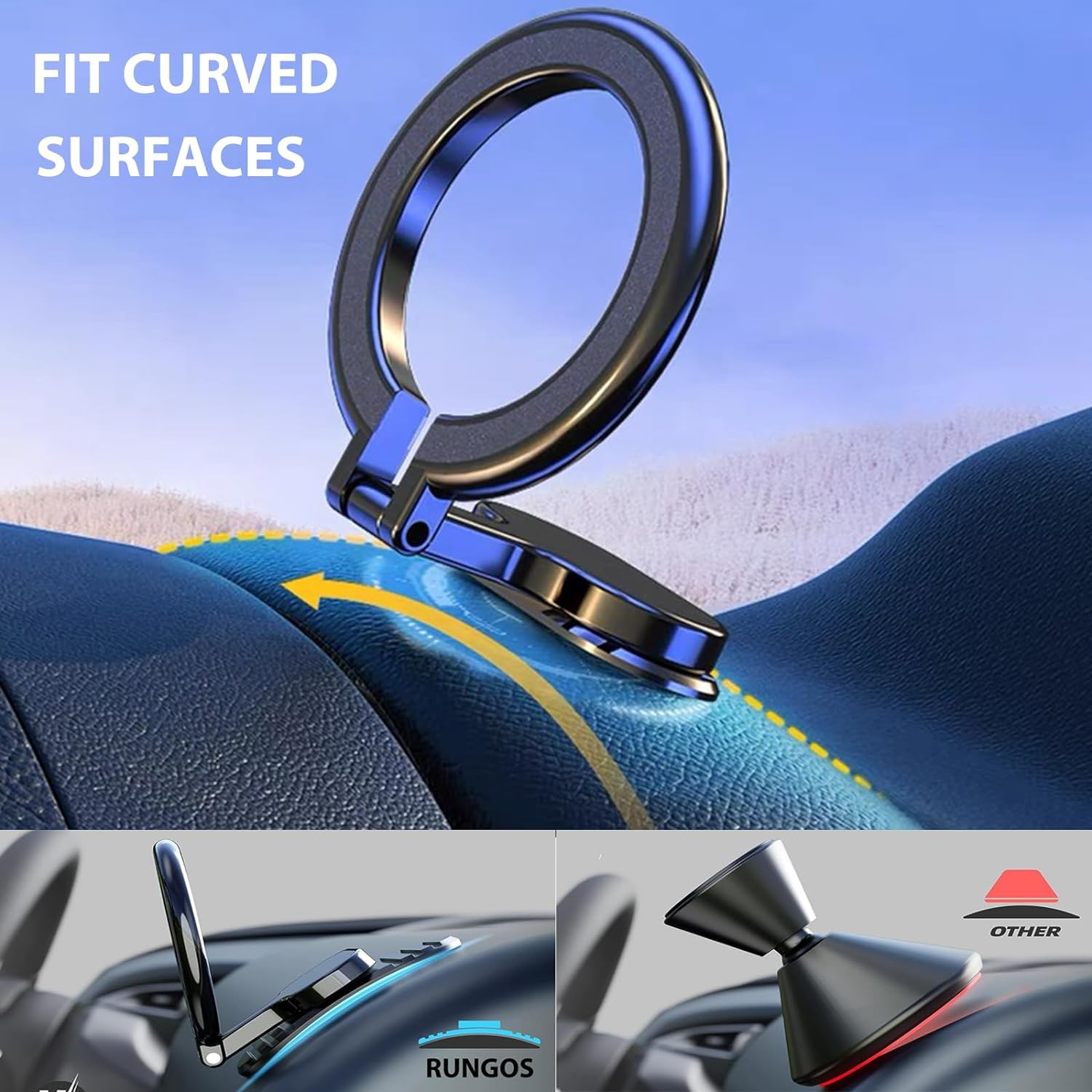 RUNGOS 360&deg;Rotatable for Magsafe Car Mount [Strong Ring Magnet] [Super Stable Widened Base] Lightweight Collapsible Magnetic Car Mount Phone Holder for Steering Wheel Dashboard, Cell Phone Accessories