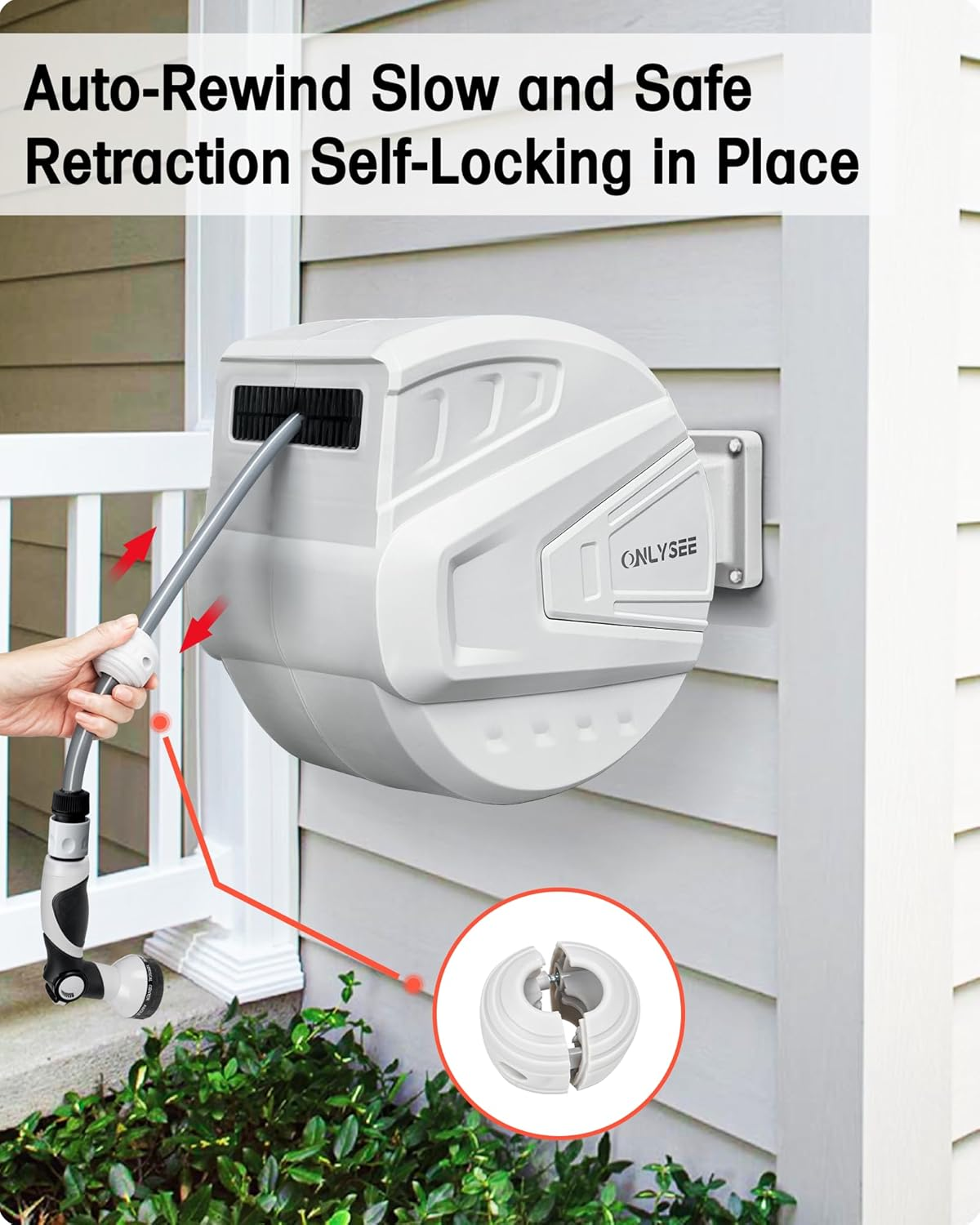 Retractable Garden Hose Reel,30M Garden Hose Reel Wall Wounted,Self-Locking System/Auto Rewind/Wall Loumted/180"Swivel Bracket/Multi-Function Spray Nozzle for Garden Lawn Garage Watering image number 5