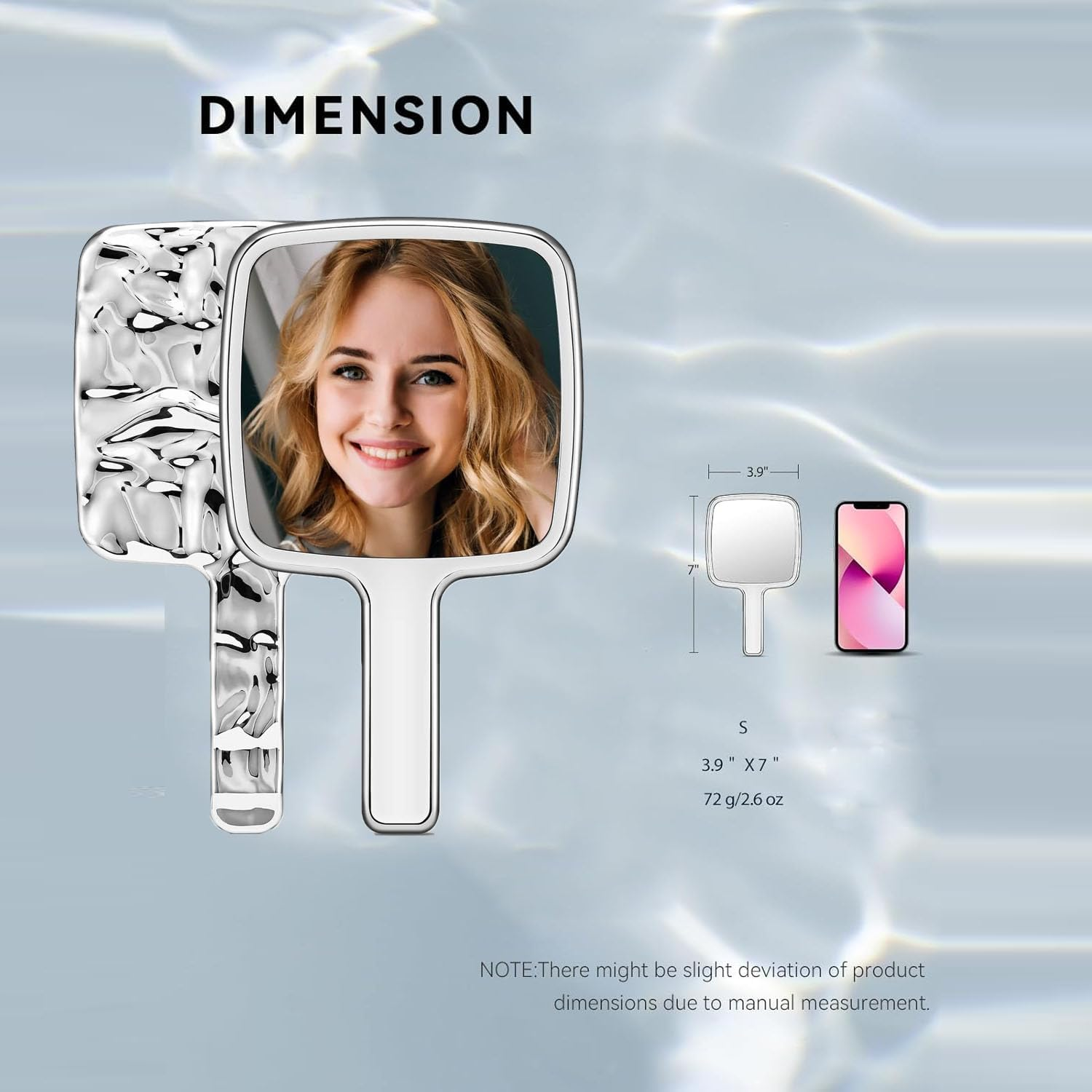 Water Ripples Handheld Mirror - Quttly Square Silver Makeup Mirror with Handle, Small 4X7 Inches for Precise Application image number 2