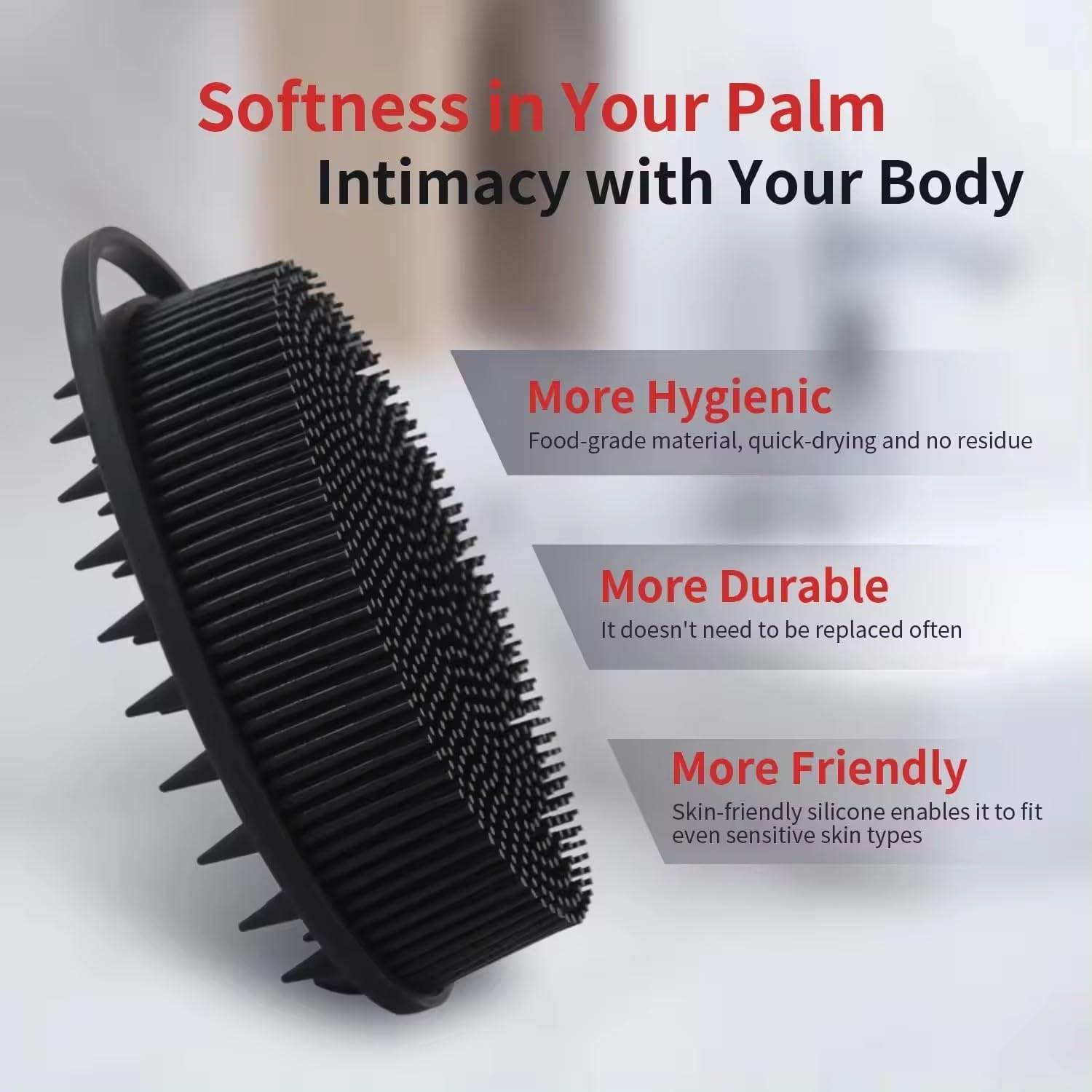 Ashintaranji Silicone Body Scrubber, Soft Shower Brush,Premium Silicone Loofah with Hook,2 in 1 Bath and Shampoo Massage Hair Brush，Wet and Dry Scalp Brush for Kids,Women,Men,Adult, Baby, Pets (Black)