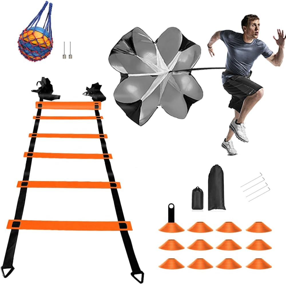 30PCS Agility Training Equipment Kit, Football Training Equipment, Speed Training Set for Kid Youth Adults,6M Agility Ladder,4 Hurdles,12 Soccer Cones,Resistance Parachute,Ball Net(Blue)