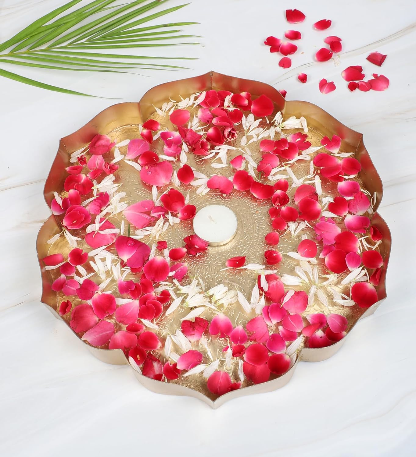 Two Moustaches 12 Inches Ethnic Carved Flower Design Urli Bowl for Home Decor, Urli Bowl for Flowers Decoration, Home Decoration, Bowl for Floating Flowers, Housewarming Gifts, Golden, Pack of 1 image number 1