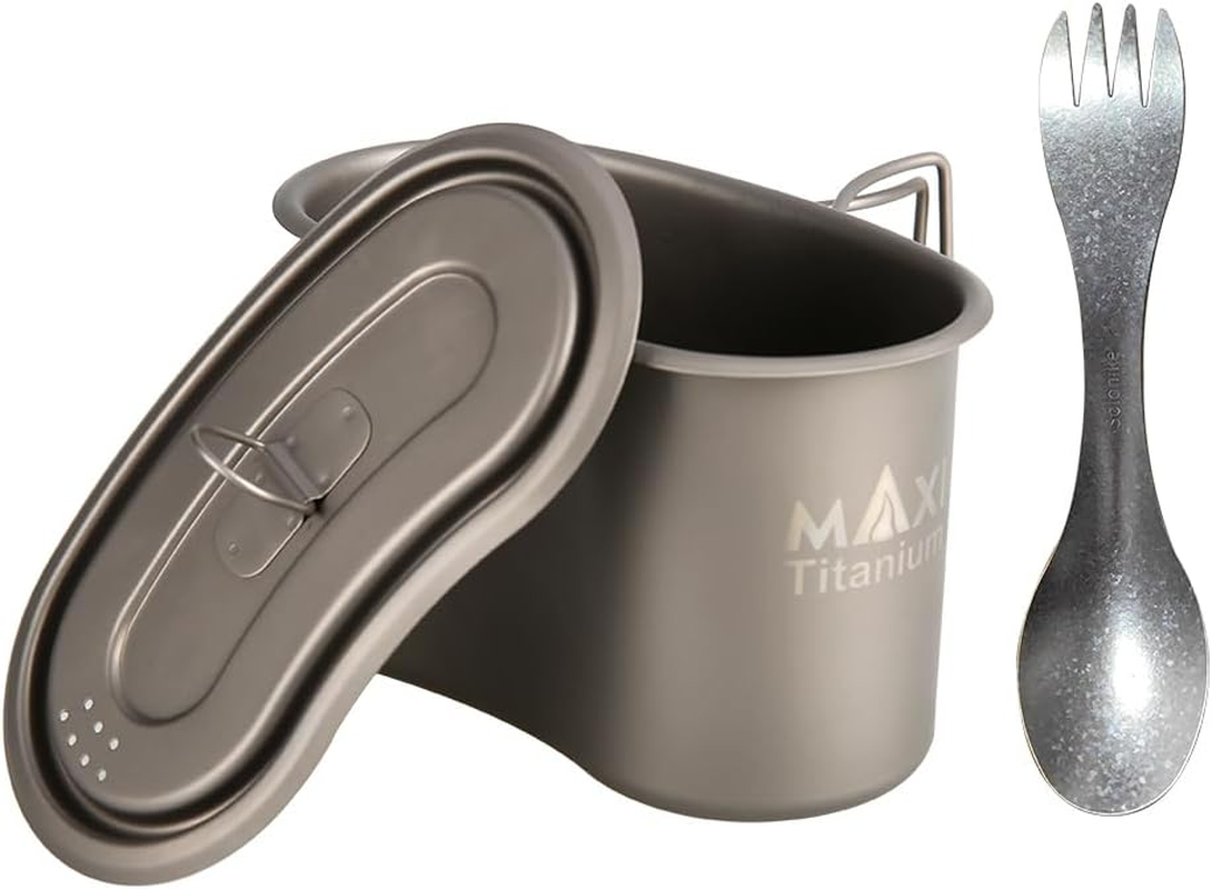Titanium GI Cup and Titanium Spoon Combo, Camping Bowl 950Ml Lunch Box with Foldable Handle for Outdoor Camping Hiking Backpacking (Cup+Titanium Spork)