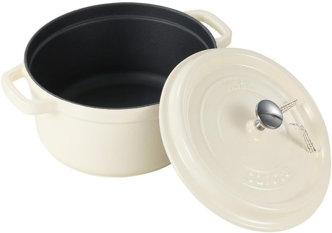 Carote NM-5232 Cocotte Pot, 8.7 Inches (22 Cm), IH, Gas Fire Compatible, Cast Iron, Enameled Pot, White