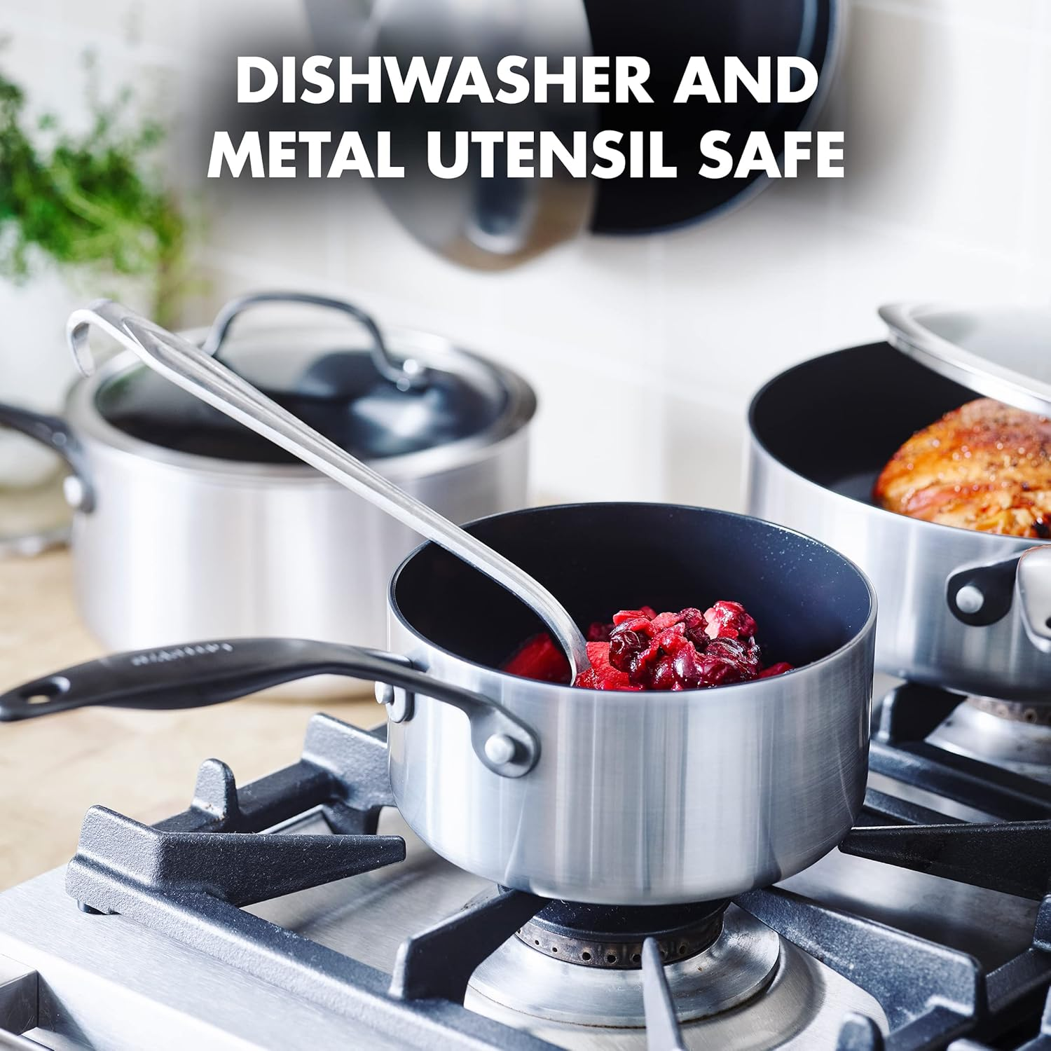 Greenpan Venice Pro Noir Tri-Ply Stainless Steel Healthy Ceramic Nonstick 13 Piece Cookware Pots and Pans Set, Matte Black Handle, Pfas-Free, Multi Clad, Induction, Dishwasher Safe, Oven Safe, Silver image number 1