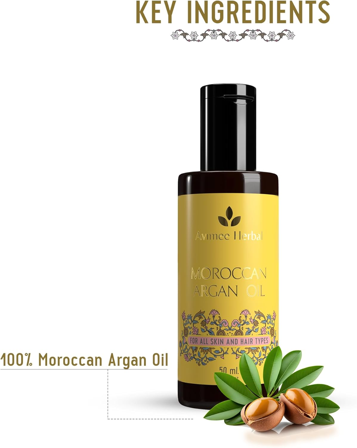 AVIMEE Herbalpure Moroccan Argan Oil | Repairs Split Ends, Reduces Breakage, and Adds Shine | Enriched with Vitamin E | Mineral Oil Free | 50 Ml image number 3