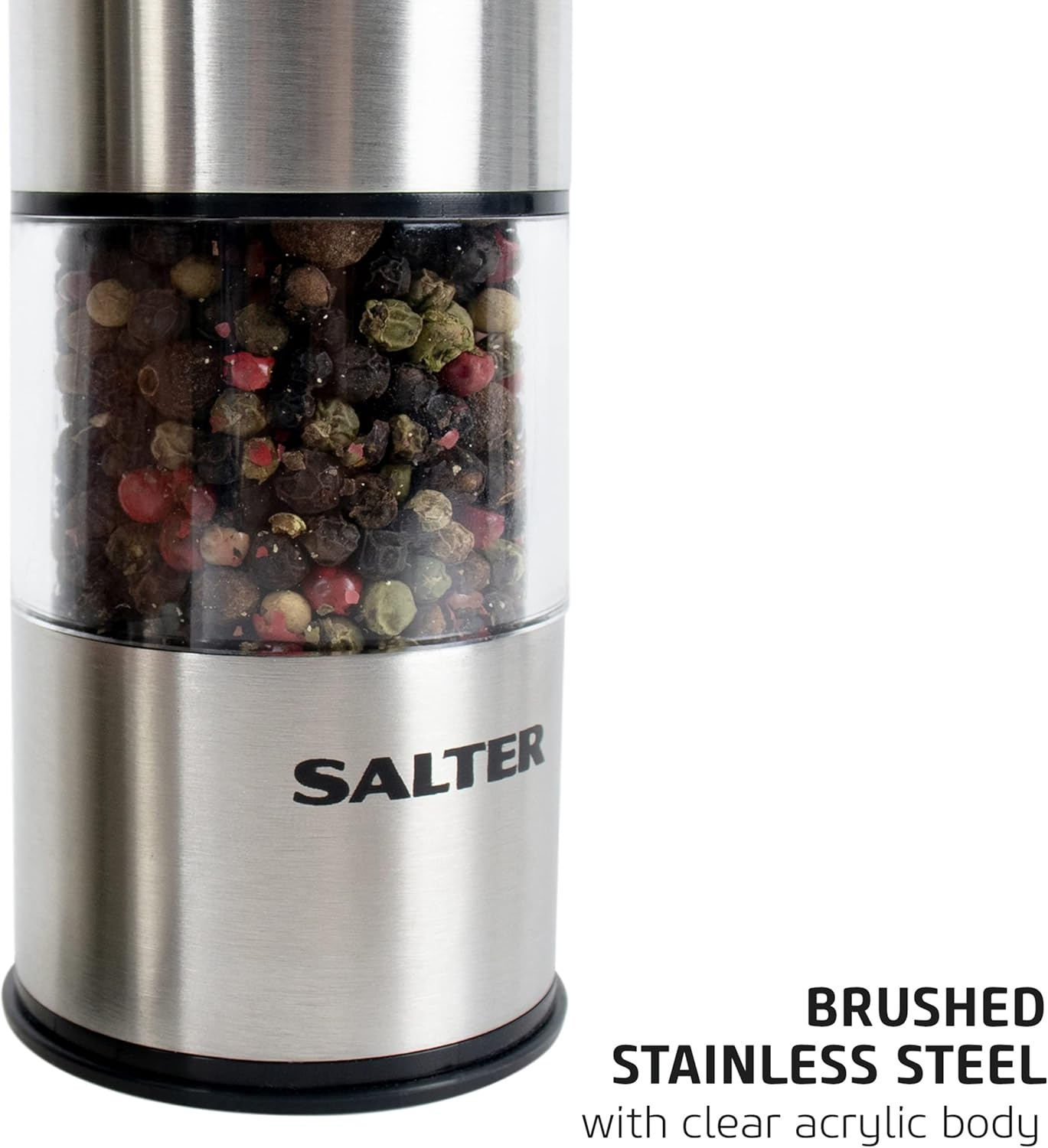 Salter 7722 SSTURA Electric Salt and Pepper Grinders - Stainless Steel Spice Grinders, Bpa-Free, Easy Refill, 60G Salt/30G Peppercorns, Adjustable Grinding, LED Light Base, One-Handed Operation image number 2