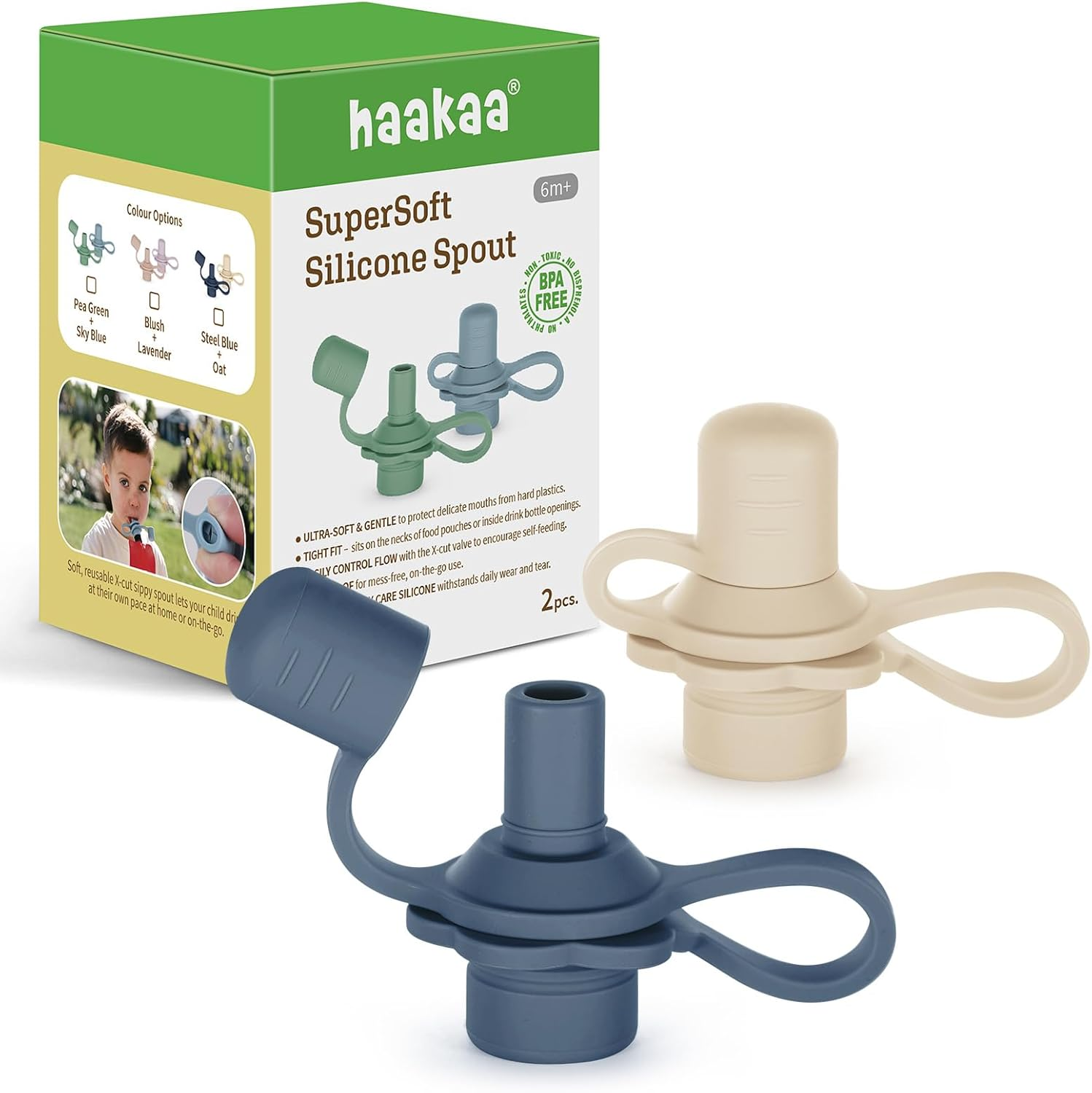 Haakaa Multi-Functional Silicone Spout,Baby Pouch Topper,No Spill Silicone Bottle Top,100% Food Grade Silicone,2 Pack