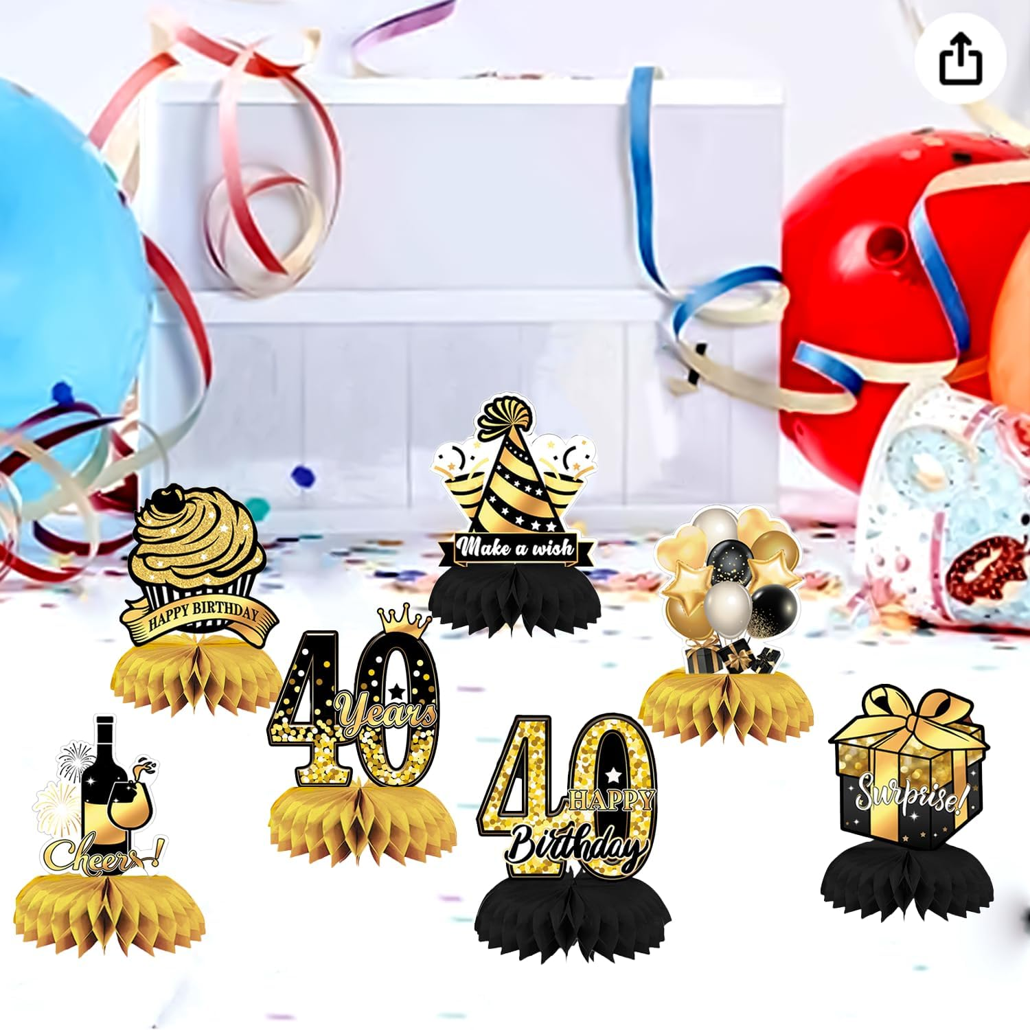 Shalve 40Th Birthday Party Decorations Honeycomb Centerpieces Table 18Pcs Decorations Supplies Vintage for Men Gold Topper Cheers Back Decor