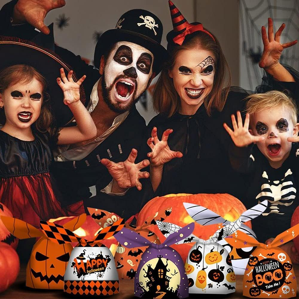 100PCS Halloween Candy Bags, Kids Trick or Treat Bags Goodie Bags, Cute Rabbit Ear Bags Small Halloween Cookies Plastic Gifts Bag for Halloweens Party Supplies