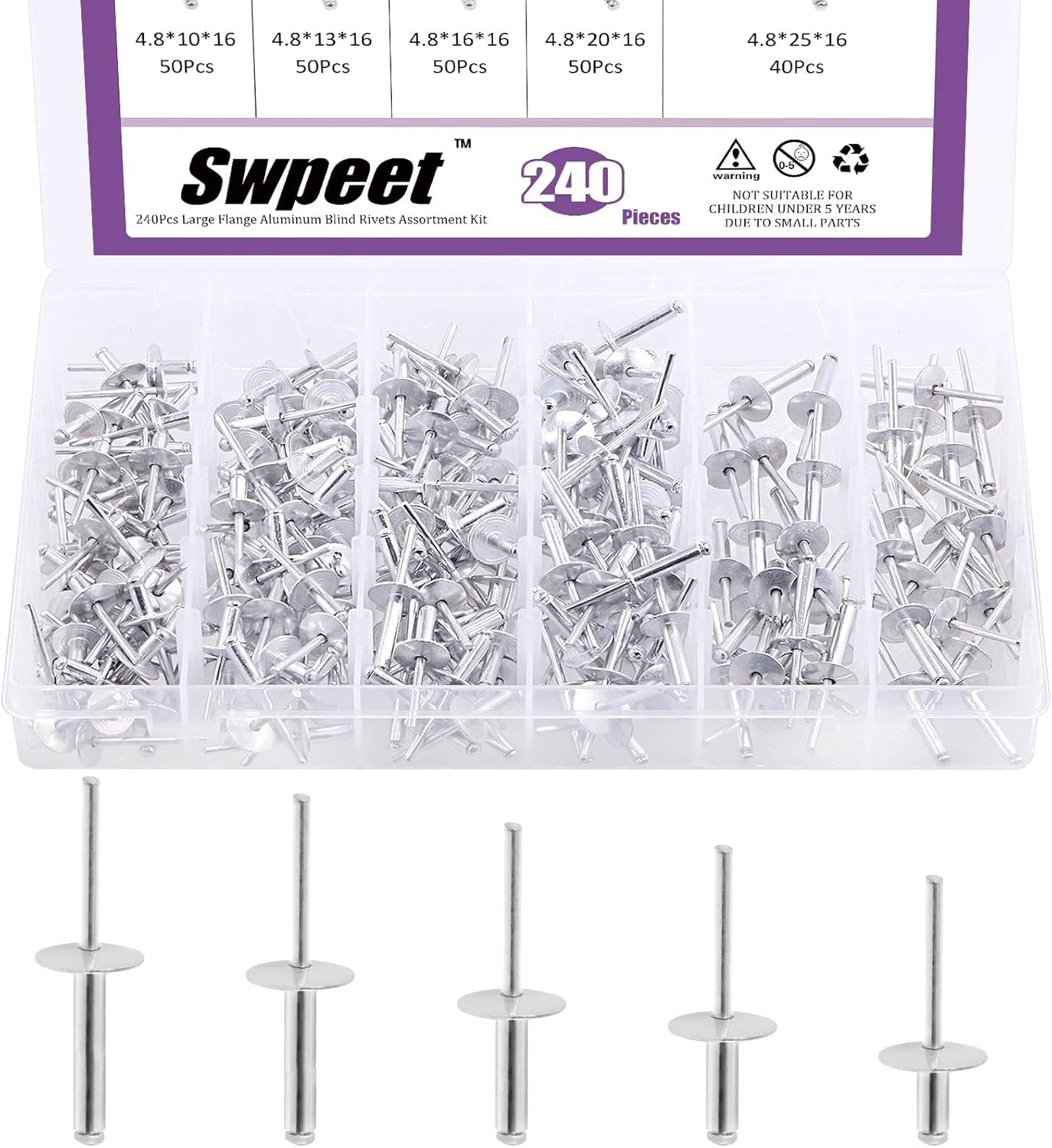 Swpeet 240Pcs 3/16" X 3/8" / 1/2" / 5/8"/ 3/4"/ 1" Large Flange Aluminum Blind Rivets Kit, Silver Pop Rivets Open End Type Pop Rivet for Indoor and Outdoor Use