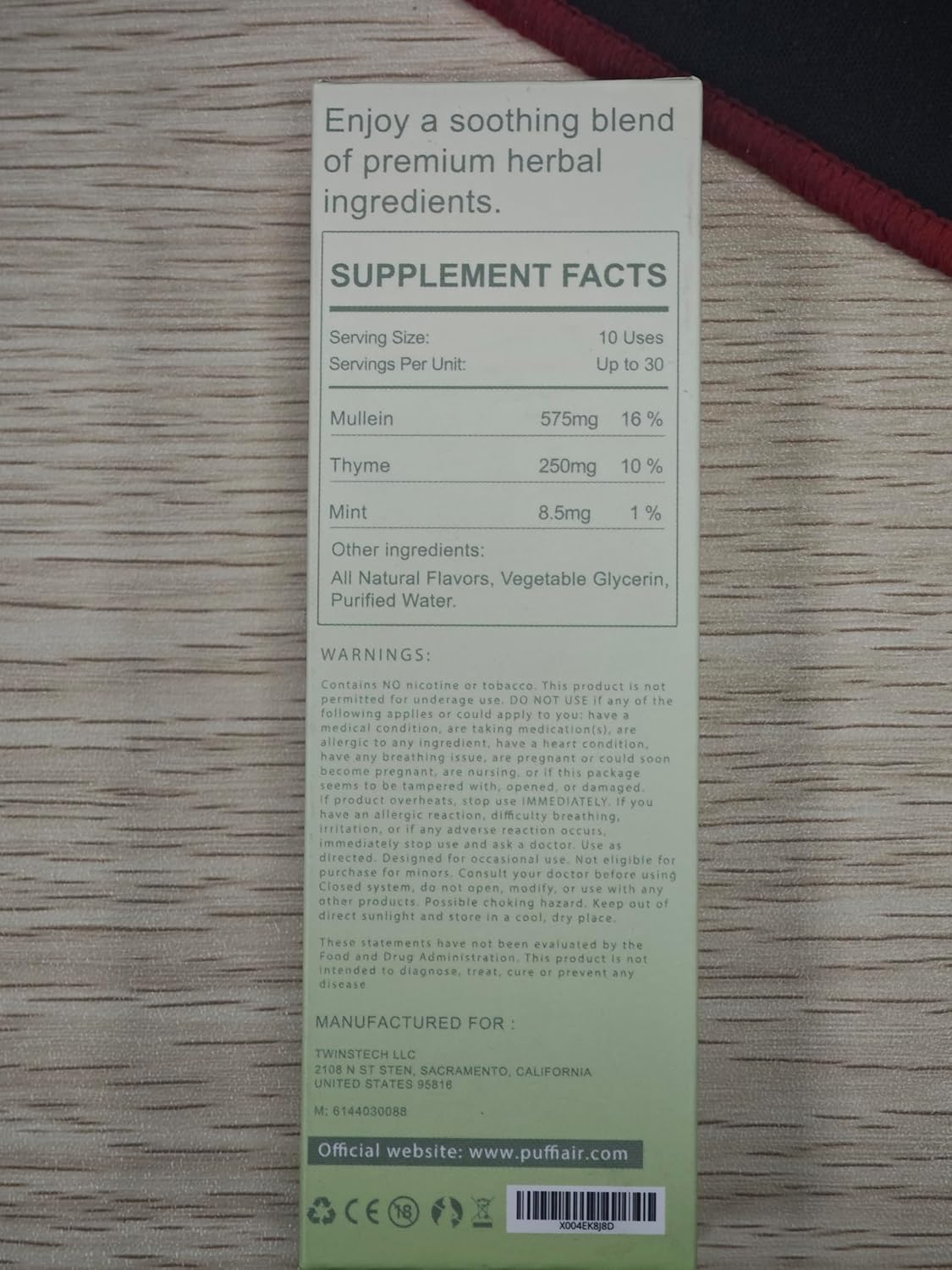 Puffiair Herbal Diffuser Upgraded with Extracts of Mullein, Thyme and Mint for Cleansing Lungs, Improving Breathing and Oral Air Freshening image number 2