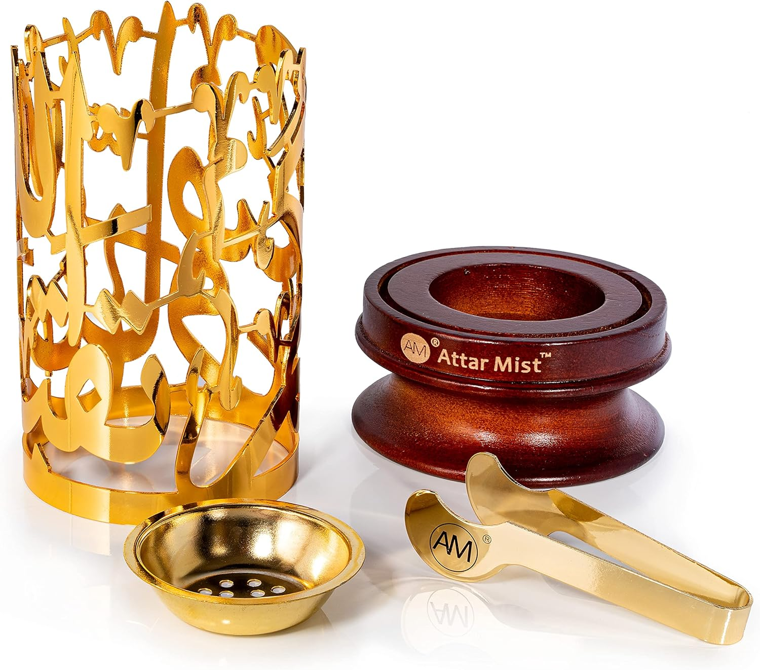 AM Bakhoor Calligraphy Incense Burner - Metalic Resin Cone Holder | Wooden Base | Frankincense Charcoal Burner (Mabkhara) | Spiritual Gifts for Office & Home Decor (Gold) - Silver image number 7