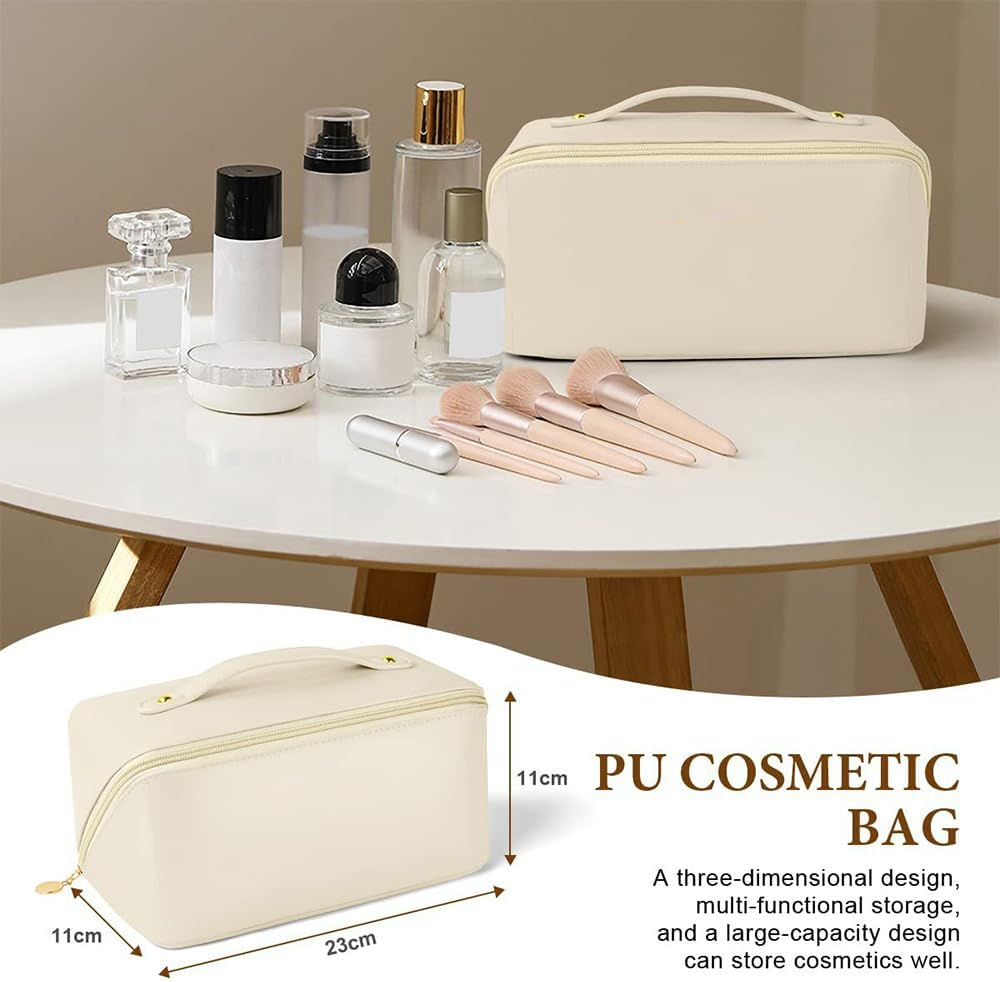 Cosmetic Bag, Large Capacity PU Waterproof Storage Makeup Bag,Open Flat Toiletry Bag Makeup Organizer,Women Portable Travel Makeup Bag with Handle Skin Care Cosmetics Toiletries - Brown image number 5