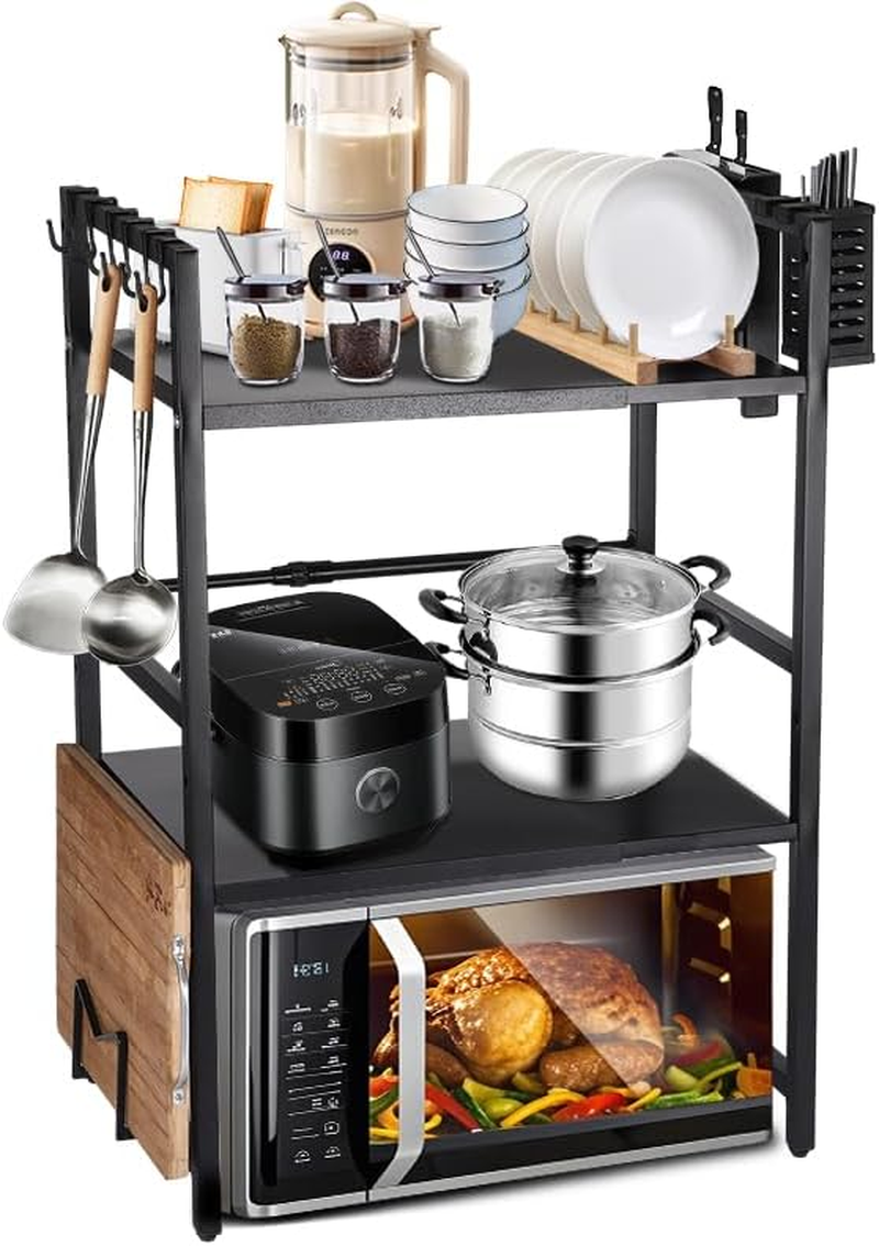 Expandable Microwave Rack for Kitchen Countertop - Carbon Steel Shelf with 6 Hooks, Knife Holder, Cutting Board & Chopstick Organizer, Space-Saving Storage (Three-Layer Large Size) image number 4