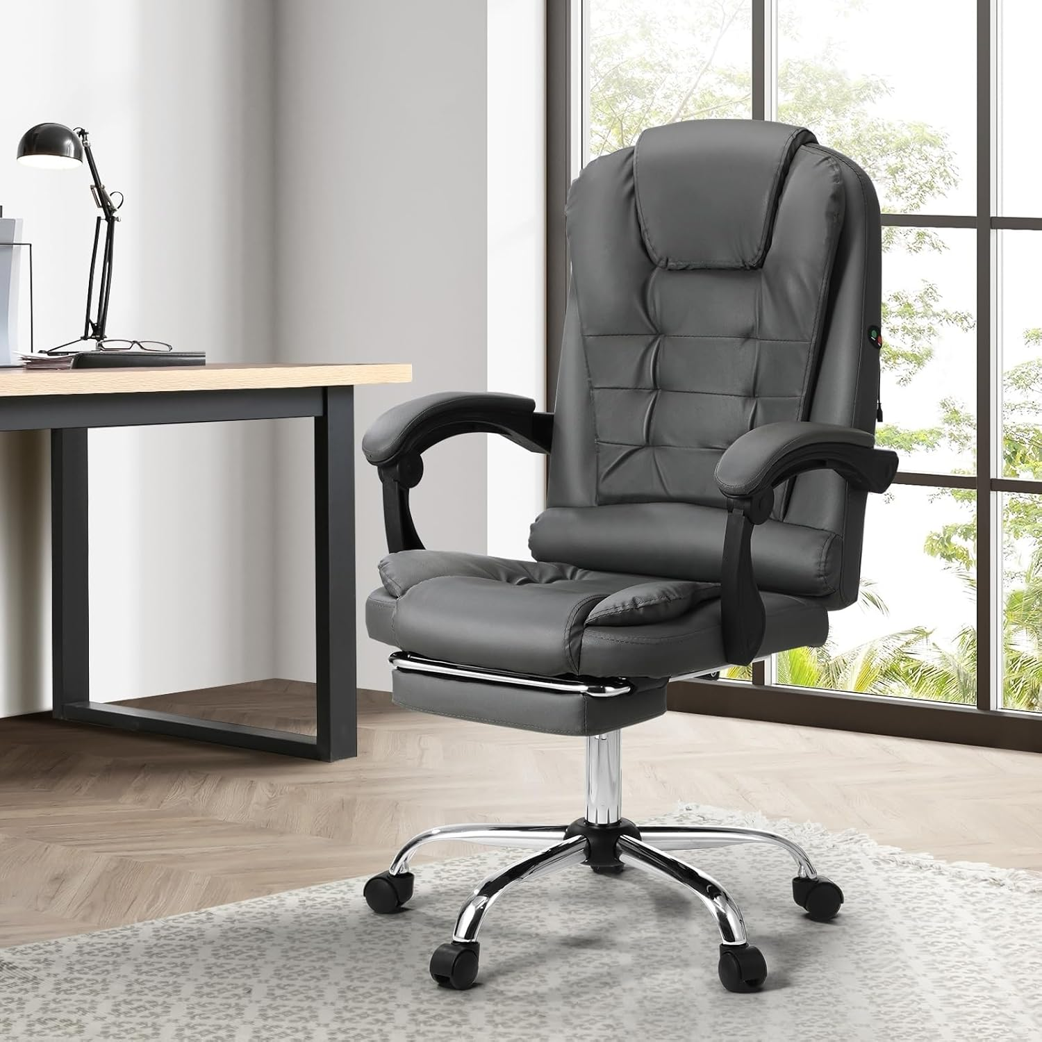 Oikiture Office Desk Chair with Pu Leather Cover and 90-150 Degrees Reclining Ergonomic Message Chair Black