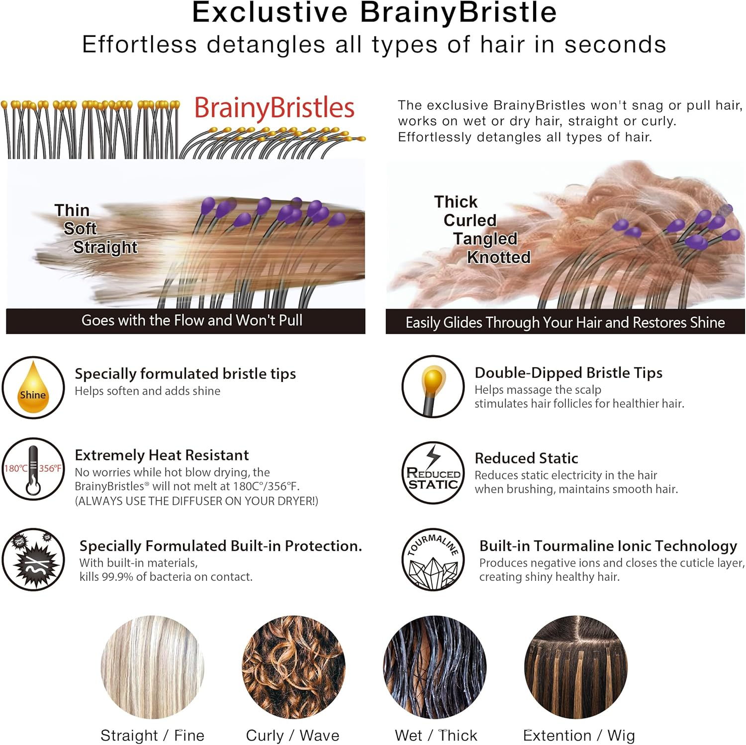 Nuway 4HAIR Doublec PRO U.S. Patented Double Curved Detangling Brush Is Hair Dryer Safe (Hyacinth)