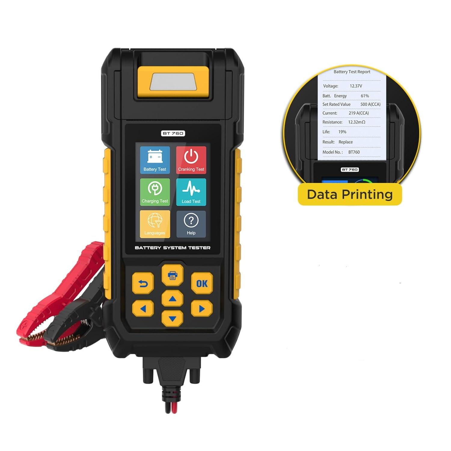 Battery System Testers BT760 Battery Analyzer 30-2000 CCA Battery/Load/Charging/Cranking Test for 8-32V Vehicles HD Vans Trucks Motorcycles Built-In Printer with 3 Rolls Printer Paper 14 Languages image number 1