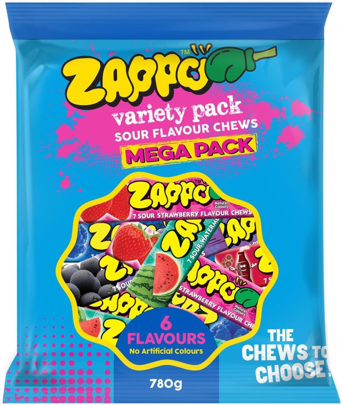 Zappo Sour Chews Variety Pack 780 G Mixed Flavours Share Bag