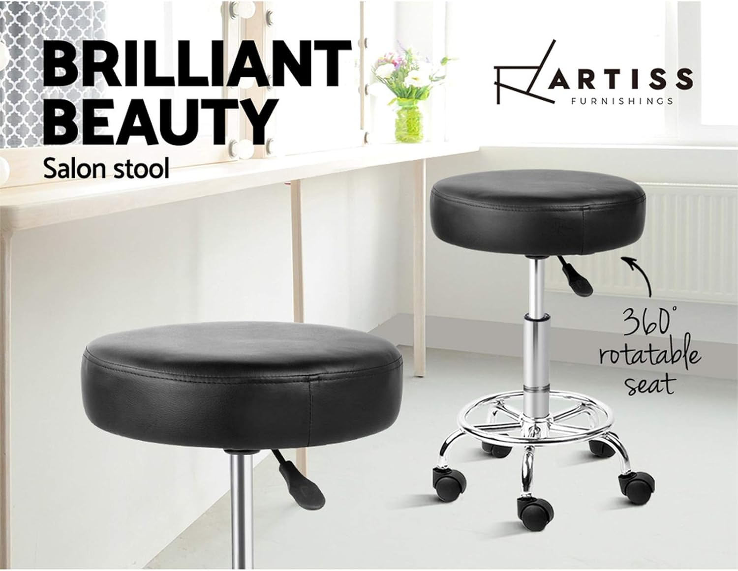 Artiss round PU Salon Stool, Bar Stools Swivel Lounge Drafting Chair Piano Guitar Seat Barber Chairs Outdoor Spa Indoor Home Office Kitchen Furniture, Adjustable Height Hydraulic Lift Black image number 4