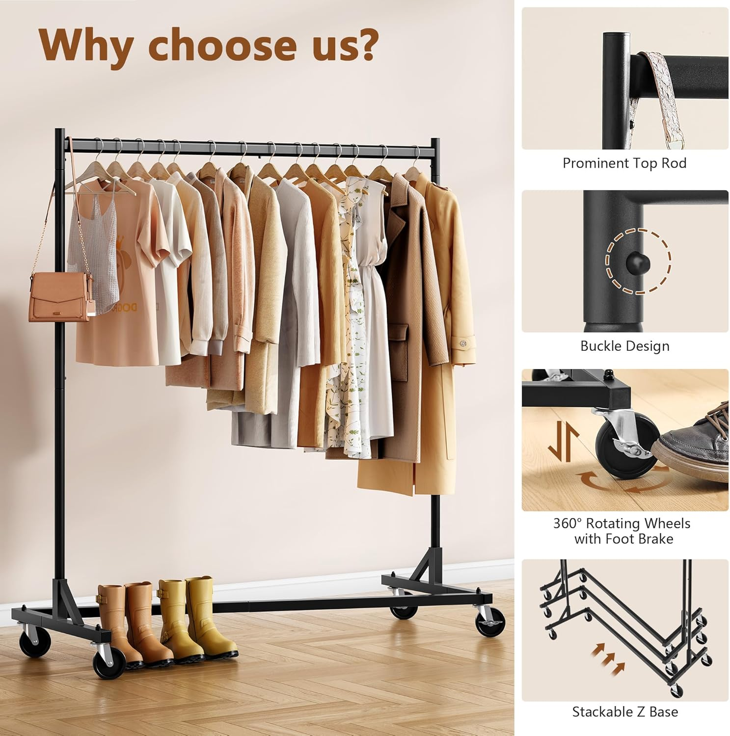 Hoctieon Z Rack Set of 2, Rolling Clothing Racks with Z-Base, Heavy Duty Garment Racks Set of 2, Clothes Rack on Wheels with Brakes, Clothes Organizer Rack, Black image number 3