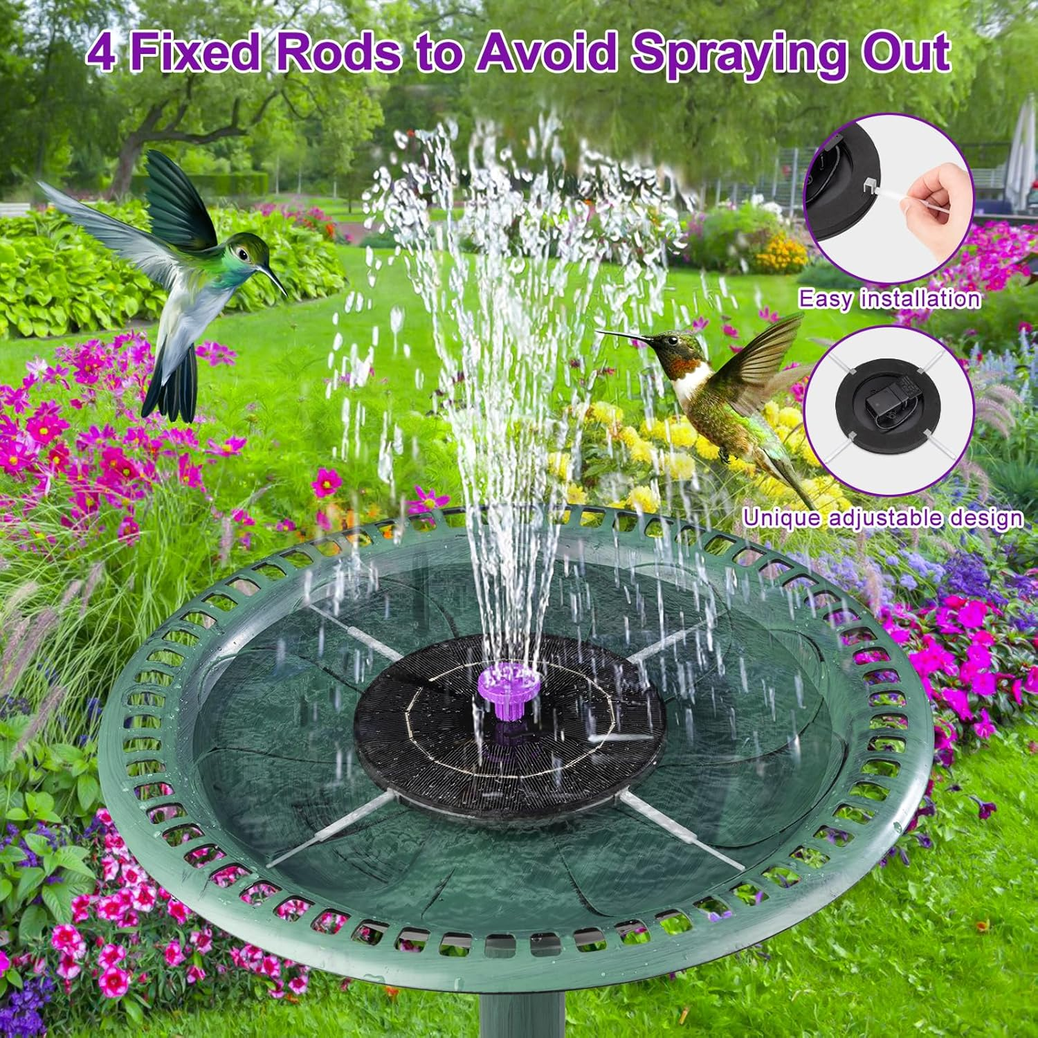 3.5W Solar Bird Bath Fountain Pump, Solar Powered Water Pump, Outdoor Water Fountain with 8-In-1 Nozzles, 4 Fixed Pipes for Hummingbirds, Garden, Pool, Pond image number 5