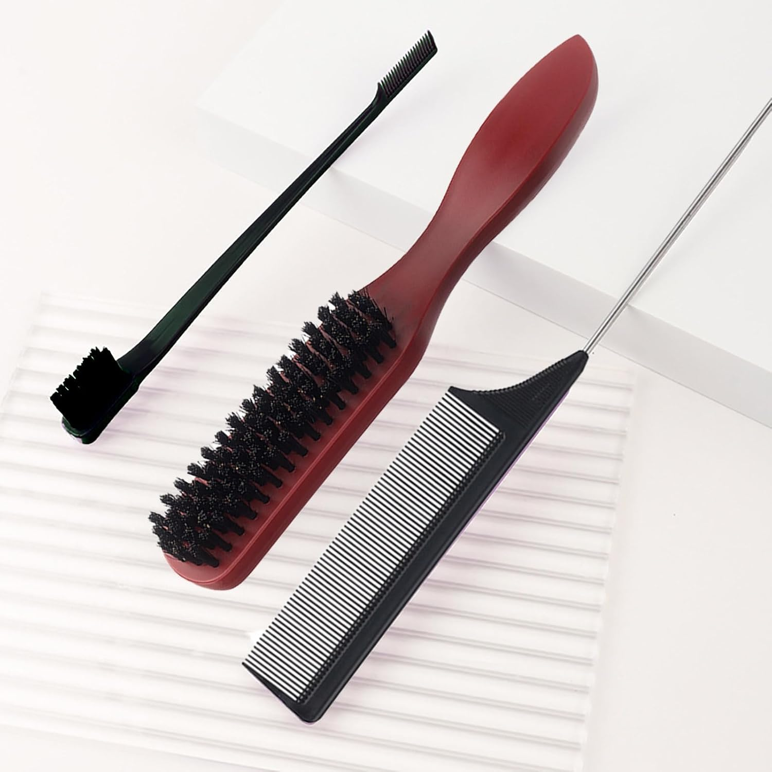 Slick Back Brush Set, Hair Brush for Slicking Back Hair Black Bristle Brush Hair Bristle Brush Hair for Damaged Hair Teasing Hair Slicking Brushing Combing Styling Improve Hair Texture image number 1