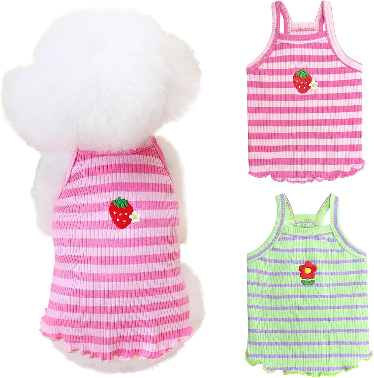 Yaopelky 2 Pieces Small Medium Dogs Summer Clothes Dog Striped Shirt Cute Flower Strawberry Embroidery Vest Pet Outfit for Chihuahua Yorkie Teddy (Pink-Green, S)