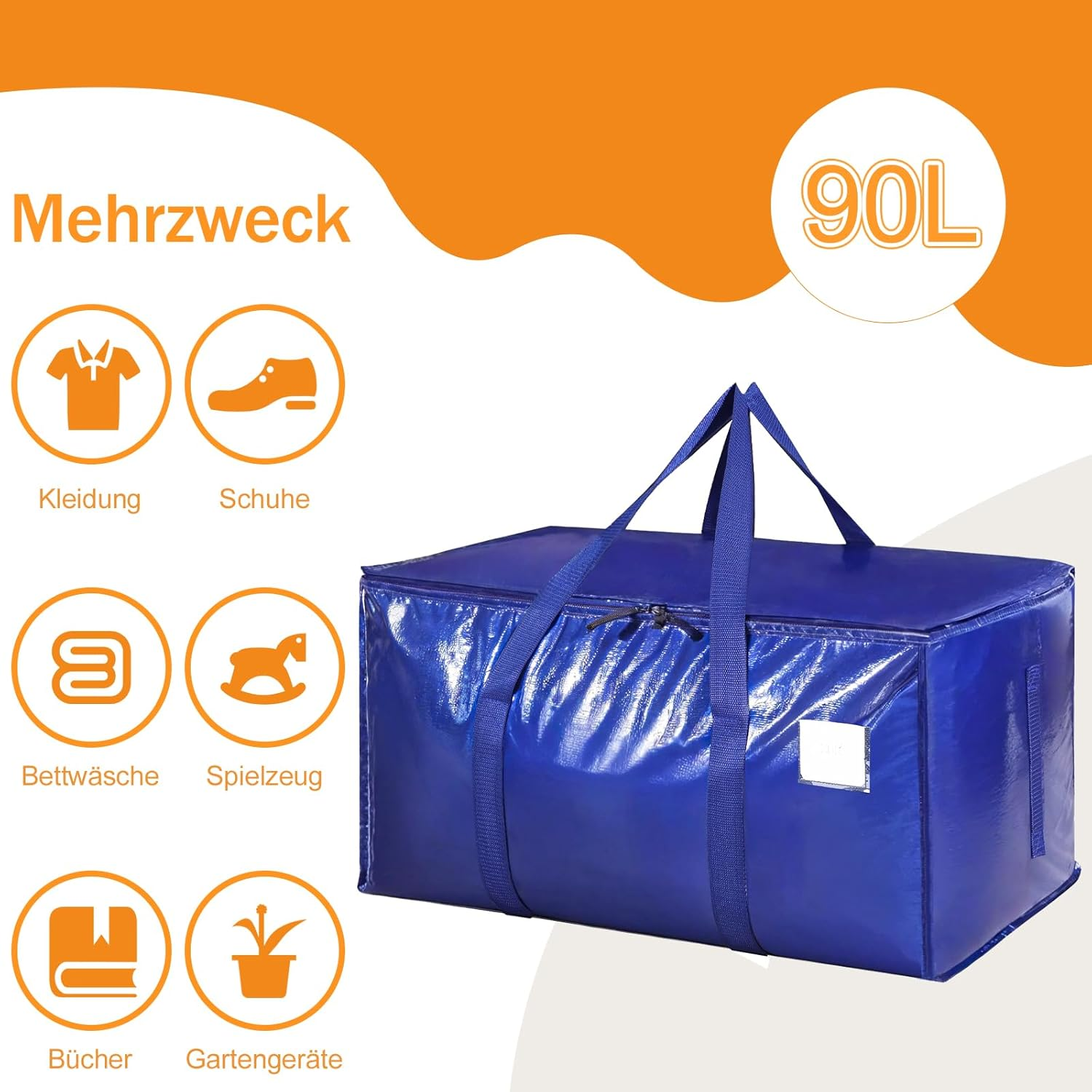 Pack of 6 90L Large Storage Bags with Lid, Foldable Moving Boxes Large with Zip Handle, Clothes Storage, Moving Bags for Moving, Camping, Bed Linen, Clothing Storage, Blue