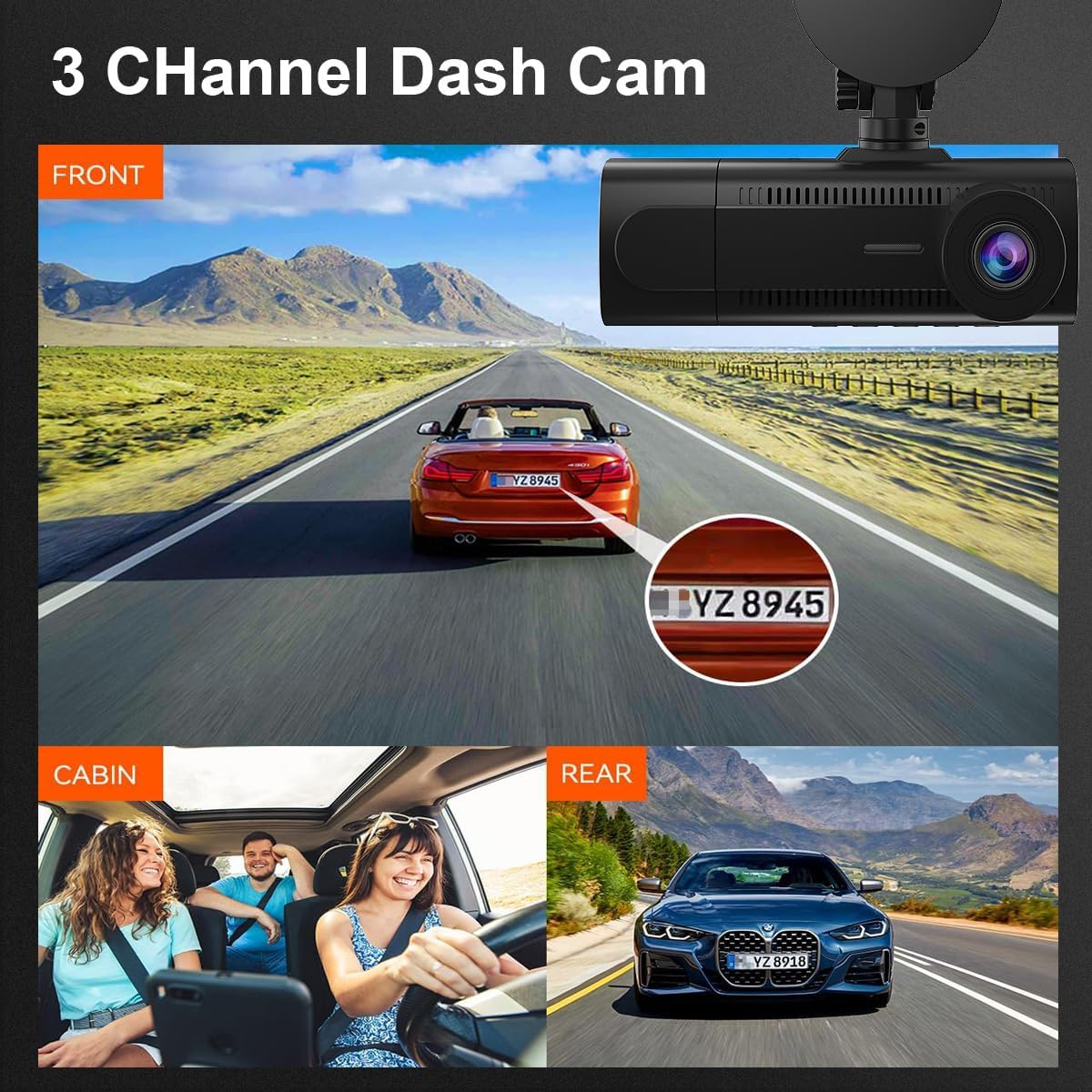 MIOLLYBO 1080P Dash Camera with Wifi for Cars, 3 Channel Dash Cam Front and Rear inside with 3.18" Display Dashcam, 32GB TF Card, Night Vision, Loop Recording, Motion Detection, App Control