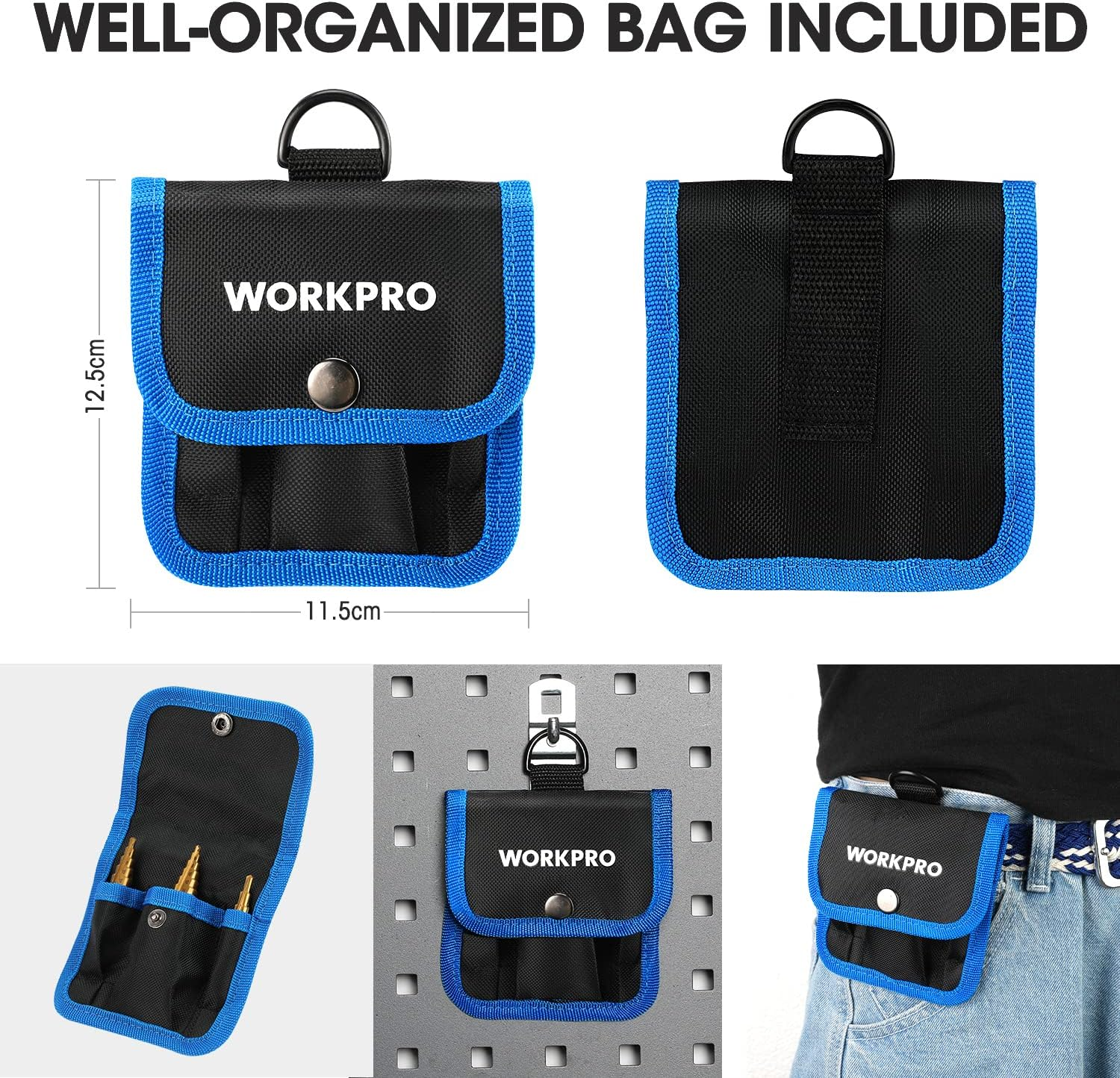 WORKPRO 3-Piece Step Drill Bit Set, 1/4" Hex Shank Quick Change High Speed Steel Titanium Coated Drill Bits for Plastic, Sheet Metal, Aluminum Hole Drilling, Well-Organized Bag Included,Metric image number 5