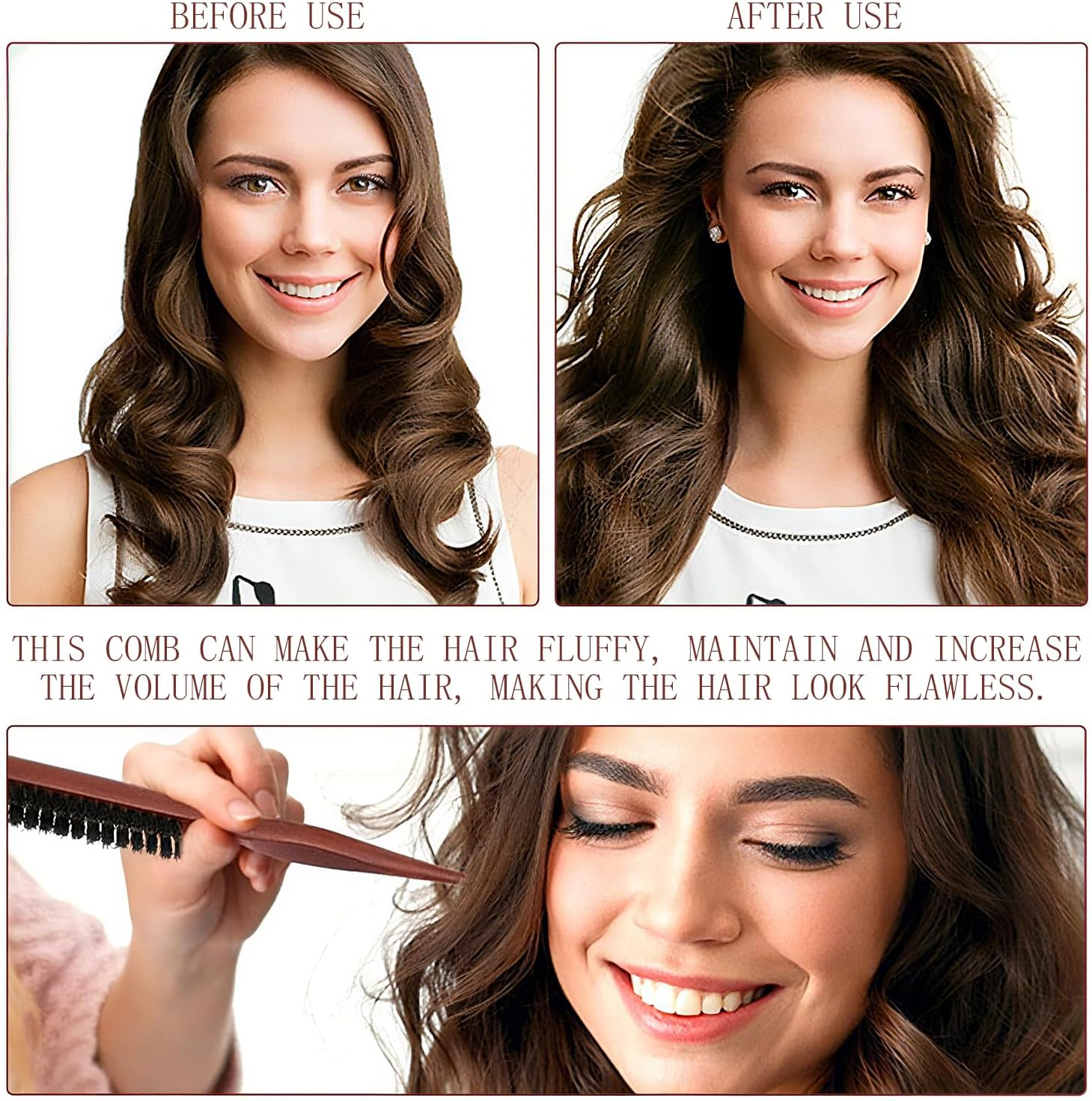 Teasing Hair Brush Boar Bristle, Wooden Hair Brush for Straight, Curly, Thick or Damaged Hair, Perfect for Sleek Buns and Styling, Boar Bristle Brush, Pack of 2 image number 3