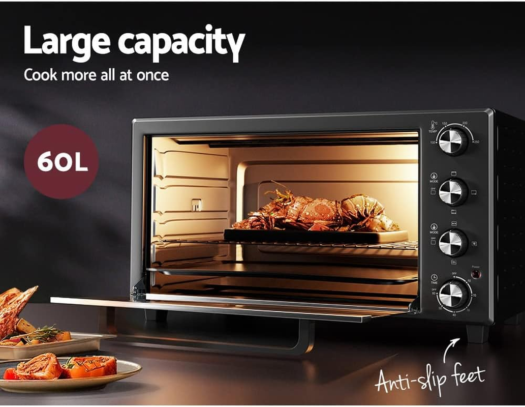 Devanti Convection Oven, 60L Electric Benchtop Ovens Baking Plate Cooking Portable Toaster Grill Home Kitchen Cooker Bakeware Machine, with 4 Tray Built-In Light Stainless Steel Black image number 1