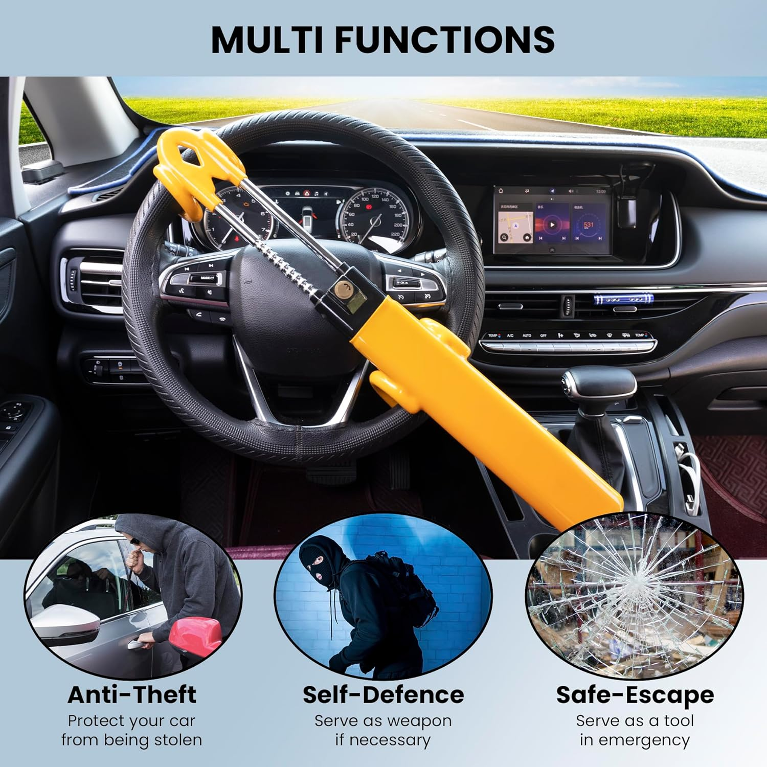 Steering Wheel Lock & Car Lock anti Theft - anti Apex Heavy Duty Club Lock - Adjustable Steering Wheel Locks anti Theft - Universal High Security Steering Lock for Most Cars image number 4