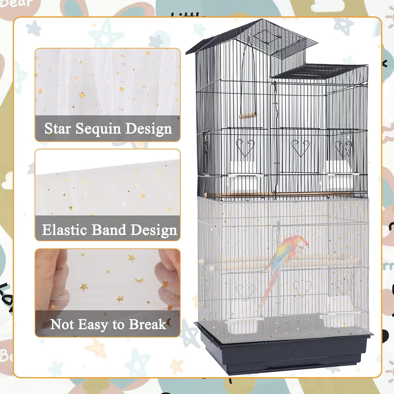 SUSOO Large Bird Cage Cover with Star Pattern Decoration- Bird Cage Seed Catcher with Adjustable Soft Nylon Mesh Net, Birdcage Cover Skirt Seed Guard for Cage Circumference 150Cm-220Cm/60&Prime;-86.6&Prime;