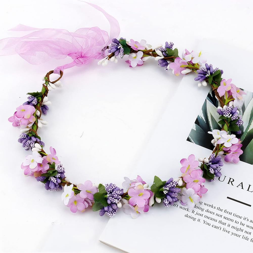 AKOAK 1 Pack Purple Flower Crown, Bohemian Wreath for Girls Floral Headwear, Adjustable Wedding Headband for Weddings, Baby Showers, Family Photos and Fancy Soiree
