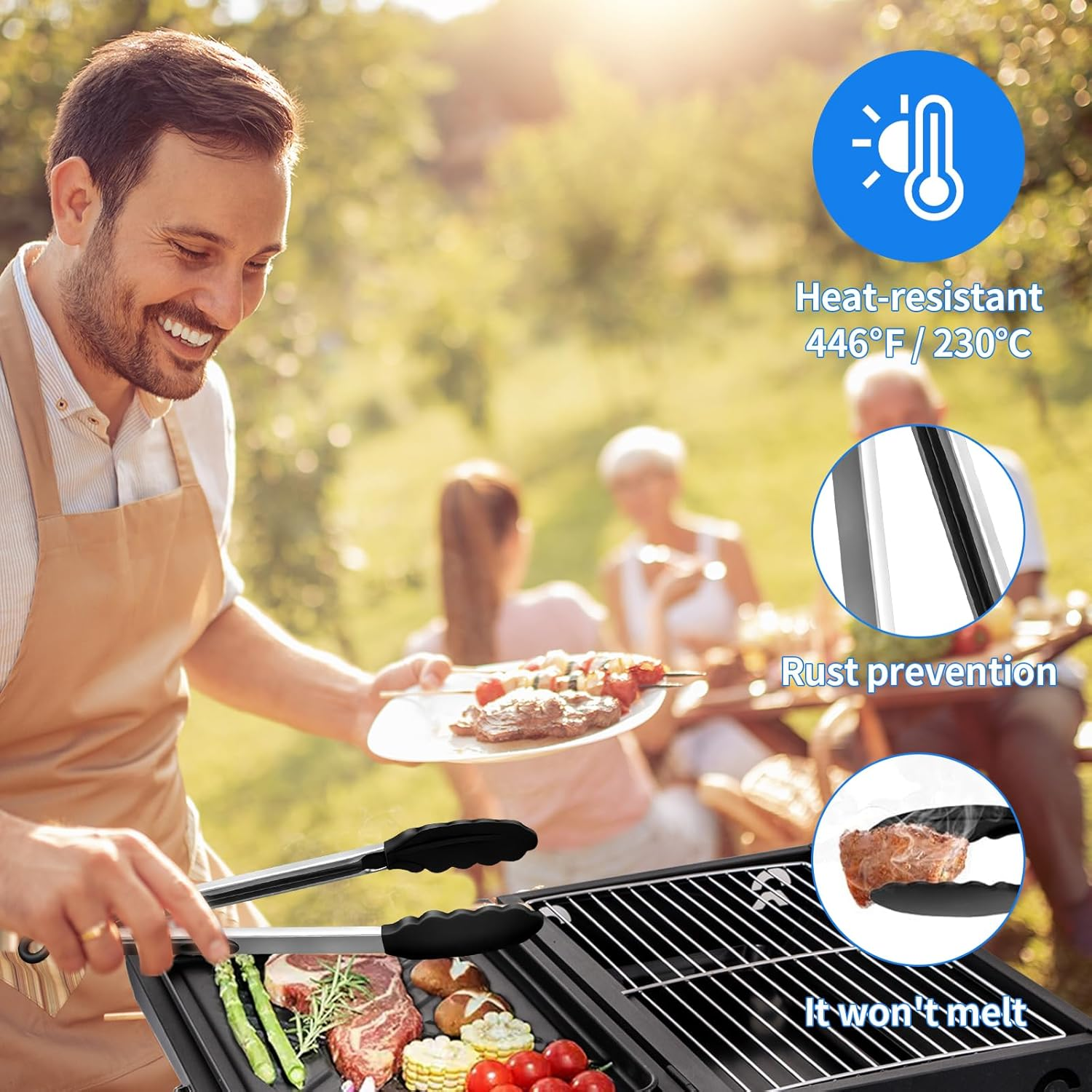 Kitchen Tongs Set of 2, 9-Inch and 12-Inch Stainless Steel Silicone Tongs with Non-Stick Surface, Black and Silver for Kitchen, BBQ, Food, Travel, Kitchen Utensils image number 1