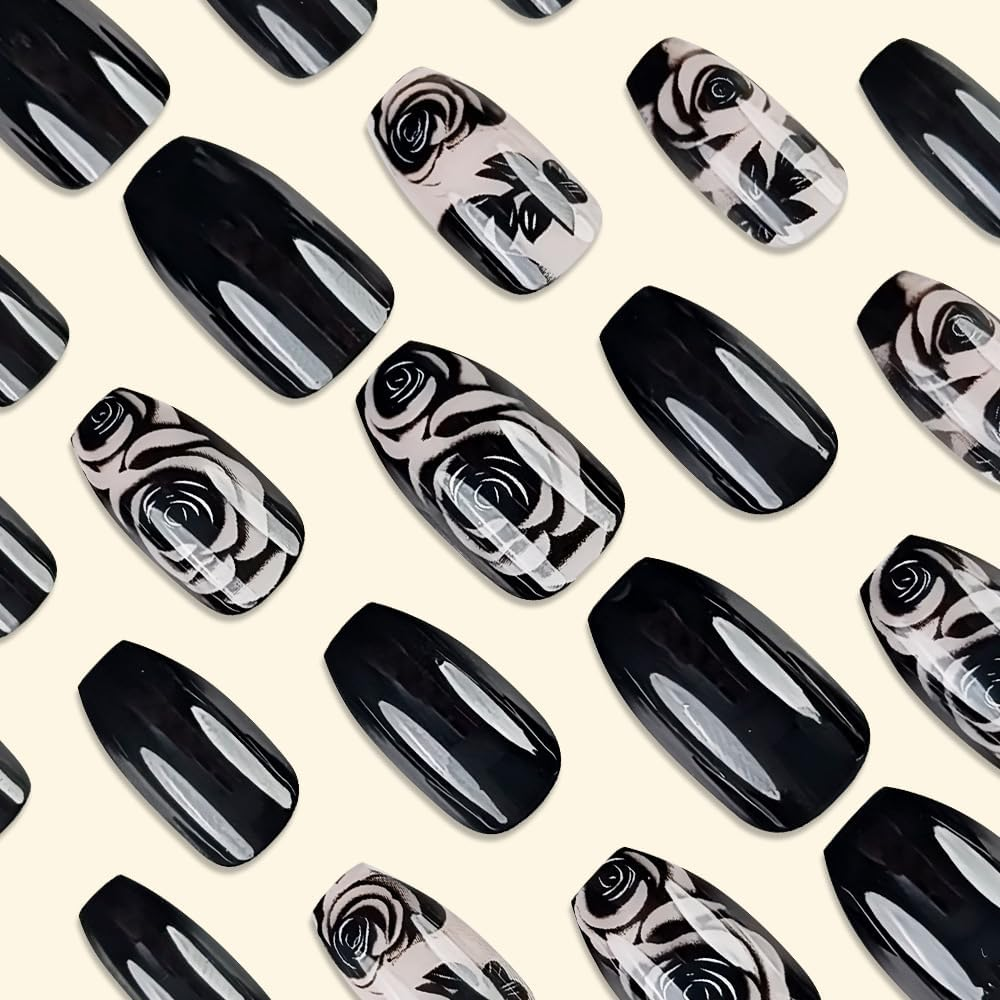 ＴＩＺＹＦＦ Press on Nails, Black Rose Fake Nails, Artificial Nails for Women and Girls -24 Pcs image number 1