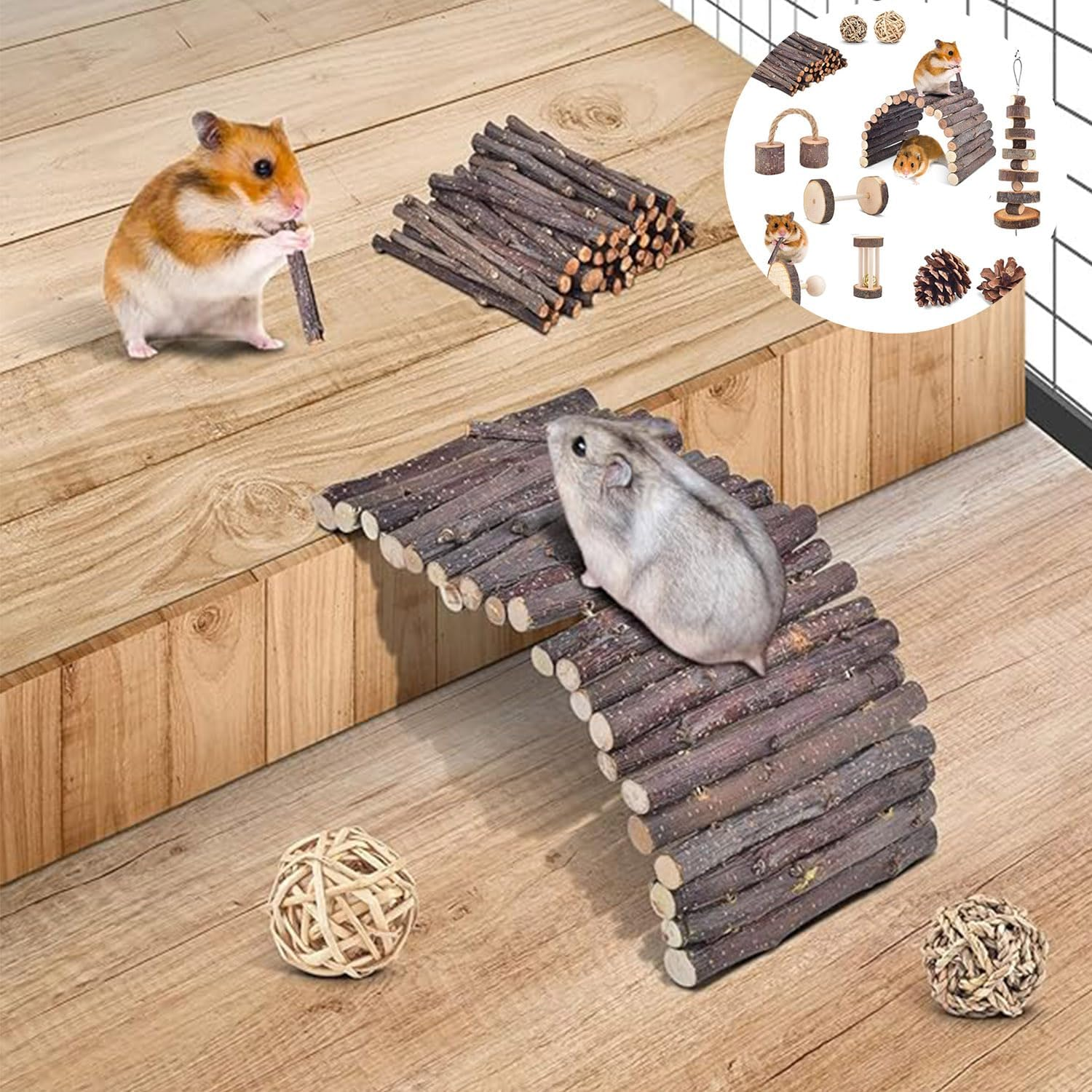 Roczential 11Pcs Hamster Toys Set Natural Wood Hamster Cage Accessories with 11-Pack Different Chew Toys Natural Molar Tools for Rabbit Guinea Pig Gerbil Chinchilla. image number 5