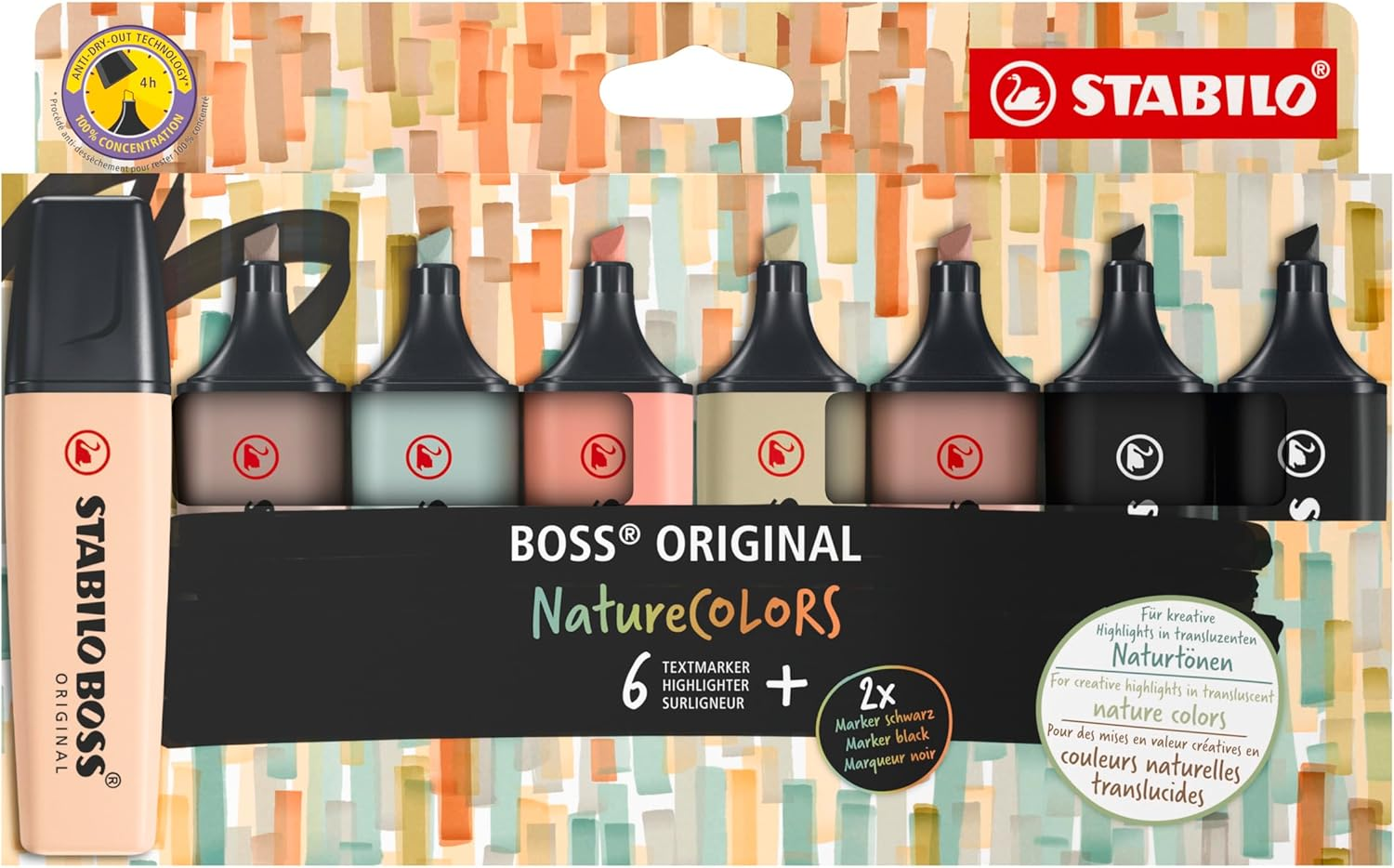 STABILO BOSS ORIGINAL Naturecolors Pack of 8 (Mud Green, Sienna, Umber, Beige, Warm Grey, Earth Green, Black (Marker X2))